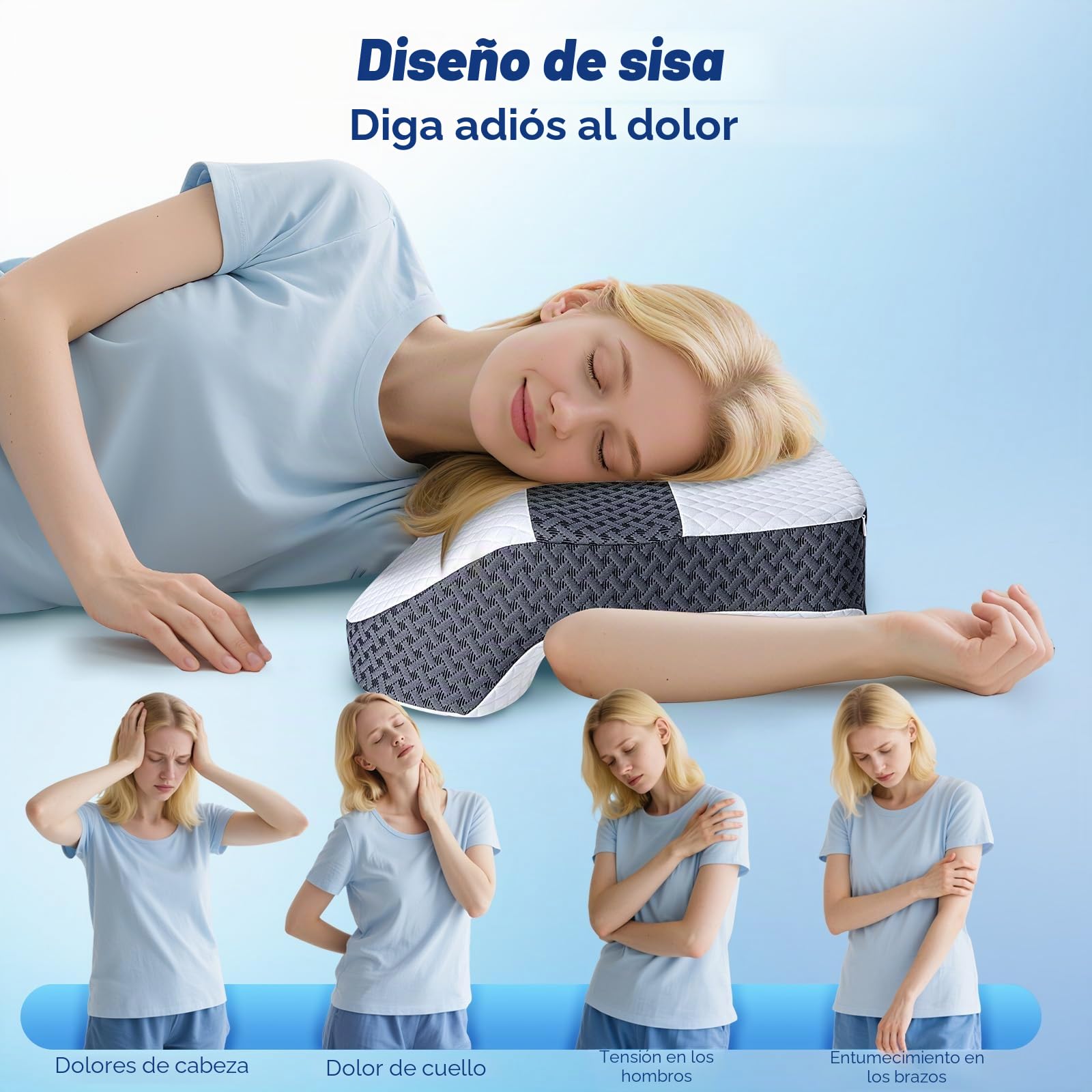 SAHEYER Almohada Cervicales y Cuello, 2 en 1 Almohada para Brazo Ergonómica, Almohada para Dormir de Lado Espuma Viscoelástica con 3 Huecos para los Brazos