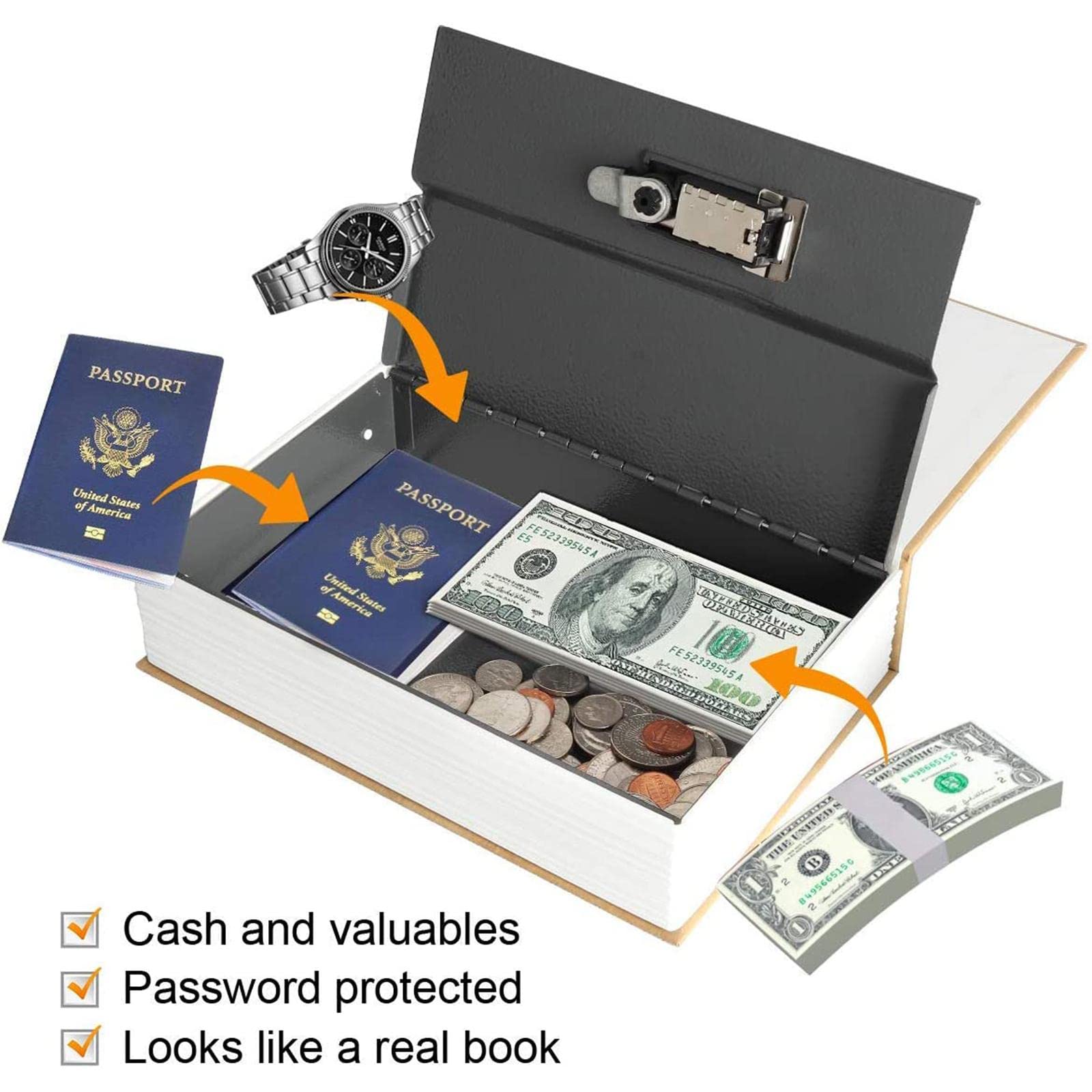 Buchtresor mit Zahlenschloss Buchsafe Tresor für Geld und Schmuck Buch-Safe Kombinationsschloss echte Papierseiten getarnte Geldkassette,Beige-combination lock