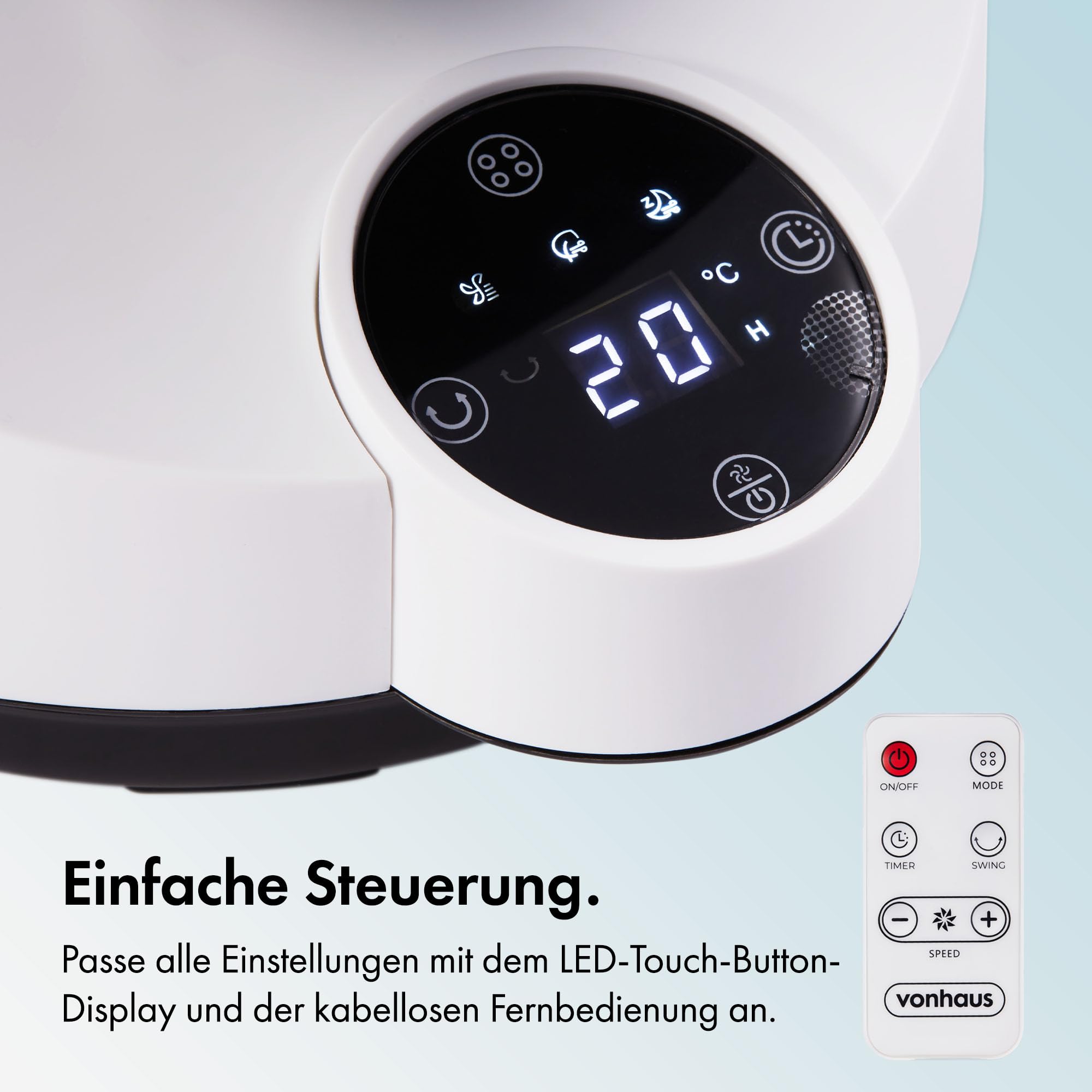 VonHaus Umluft Ventilator Leise Tischventilator 3 Geschwindigkeitsstufen 3 Modi Fernbedienung 12-h-Timer 60° Schwenkfunktion LED-Display