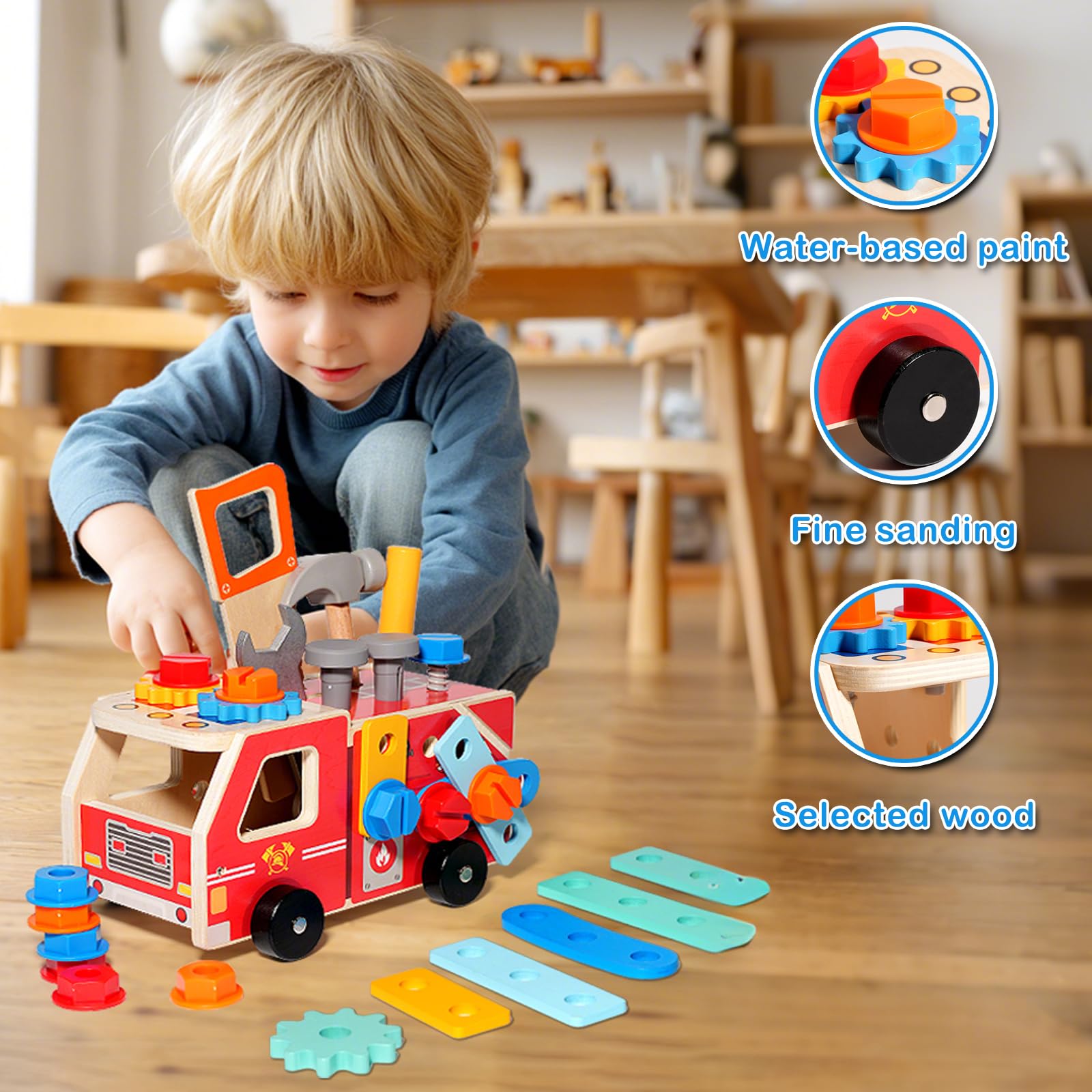 Jouets Montessori pour Les Enfants de 2 3 4 5 Ans,Coffret d'Outils en Bois Jouet de Voiture,Développe la Motricité Fine et la Créativité,Idée Cadeau d'anniversaire