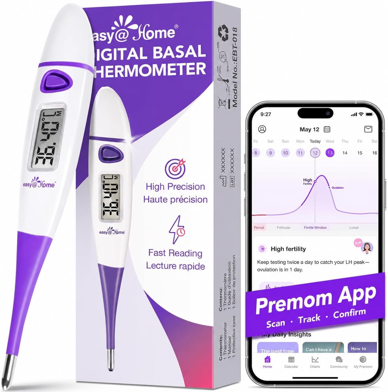 Ovulation Tracker Digital Basal Thermometer: Easy@Home BBT Thermometer for Fertility Tracking - Basal Body Thermometer for Accurate Temperature Monitoring with Premom App Purple DMT-3018