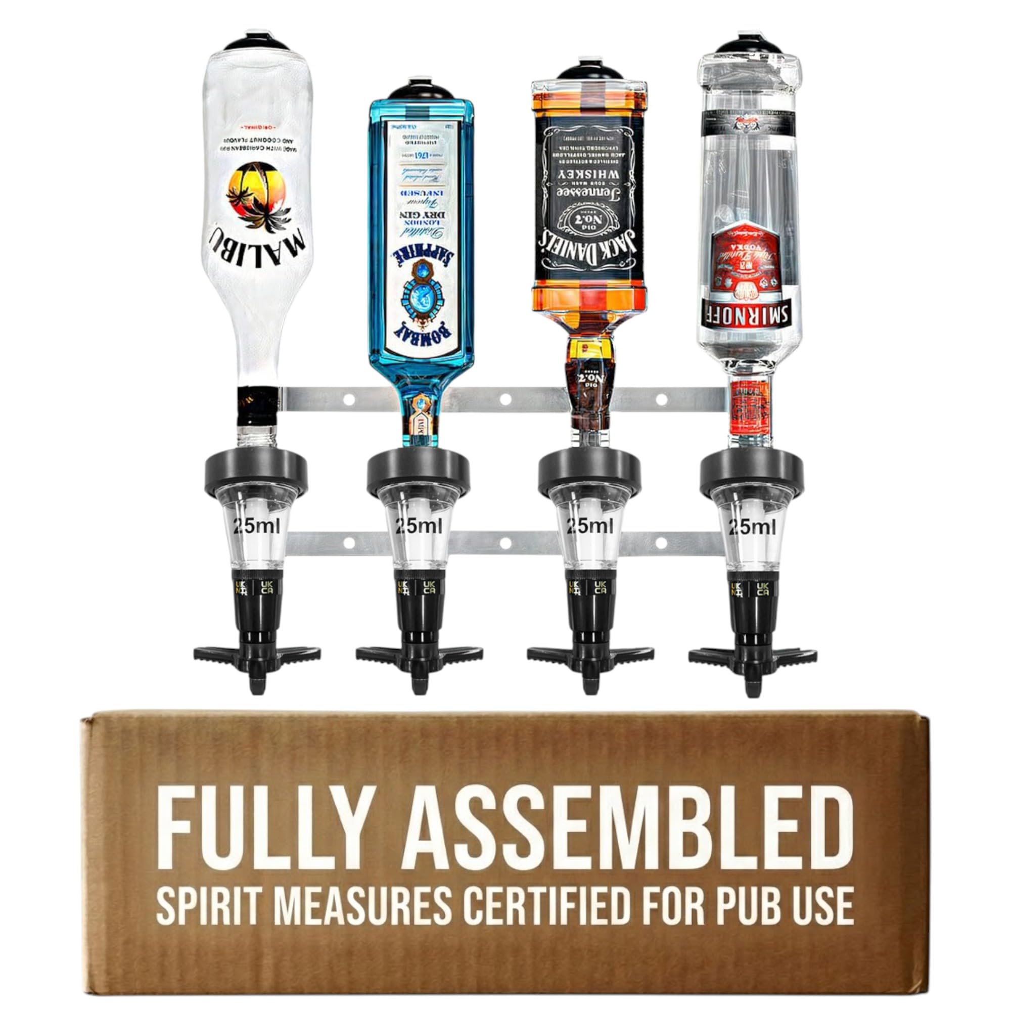 – Chabrias Ltd Black 4 Bottle Wall Bar Rail + 25ml Spirit Optic Measures - UK Made, Fully Assembled Metal Bracket & Pub Trade Compliant, Traditional Black, Fits 70cl–1.5L Bottles