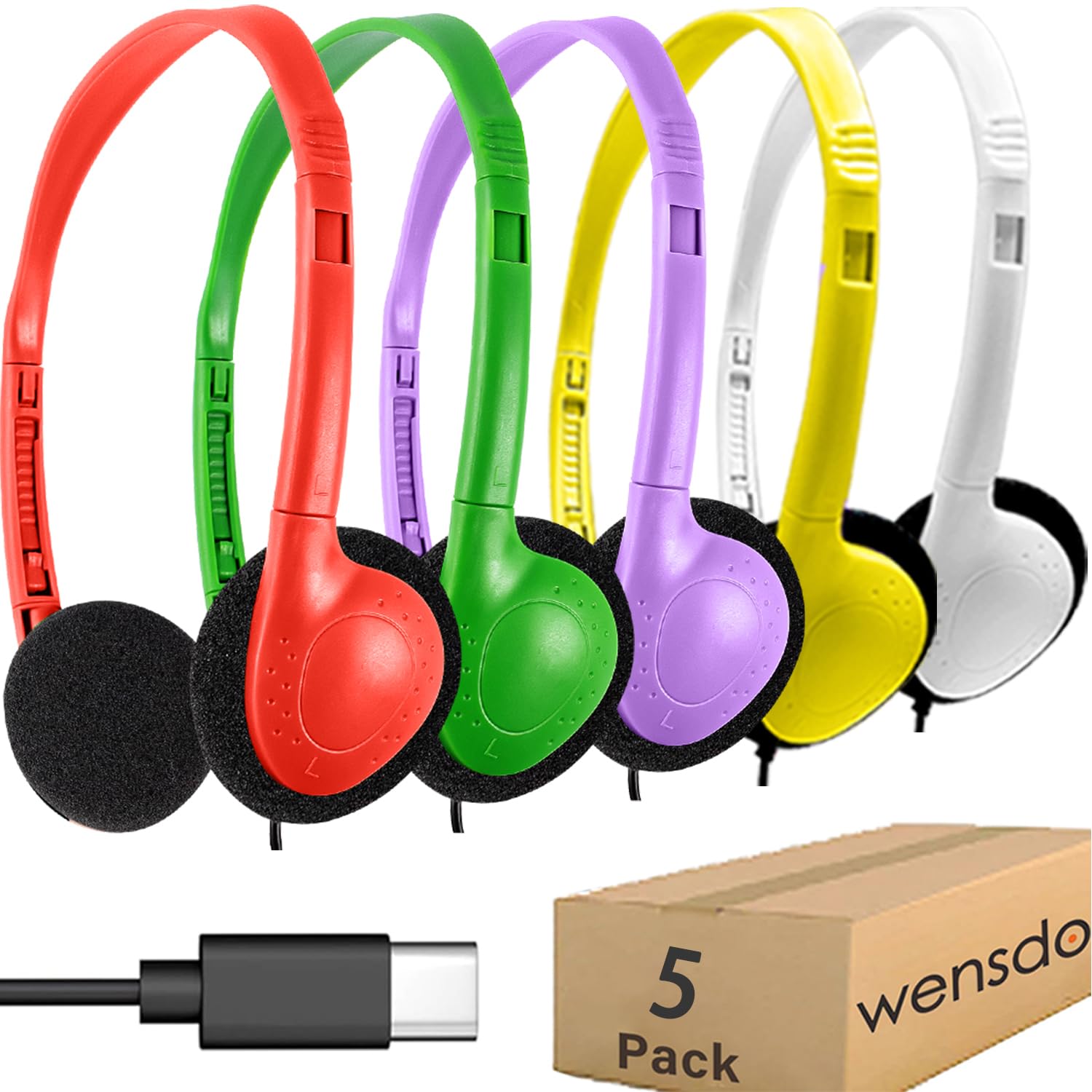 Auriculares USB tipo C para niños, paquete de 5 unidades para estudiantes de aula, juego de auriculares con cable USB C compatibles con Chromebook Computer Laptop (HY857C, 5 mezclados)