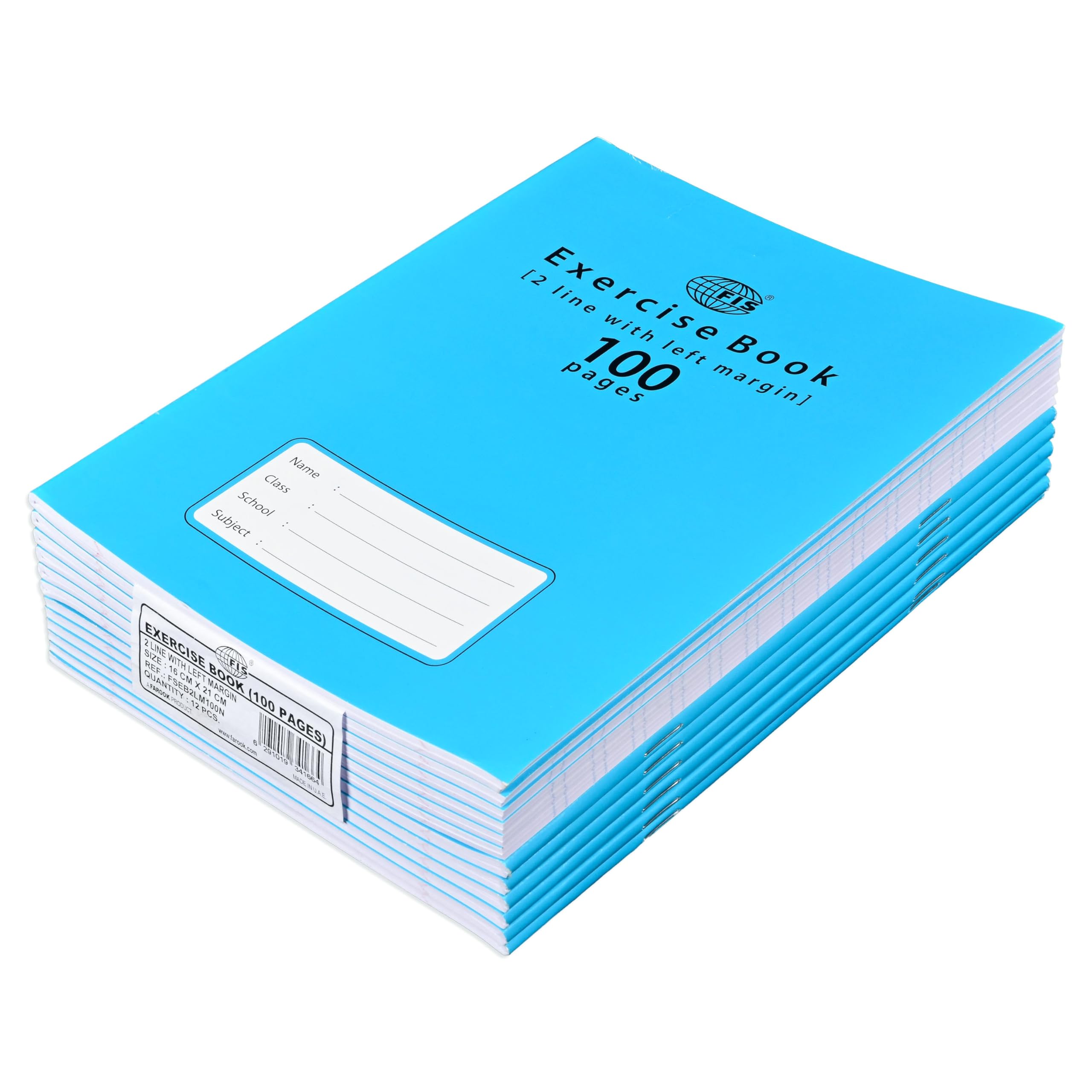 FIS® Exercise Book, Size 165x210mm, 50 Sheets, 100 Pages, 2 Line with Left Margin, Packet of 12 Pieces, Neon Blue Cover with Mathematical Info-FSEB2LM100N