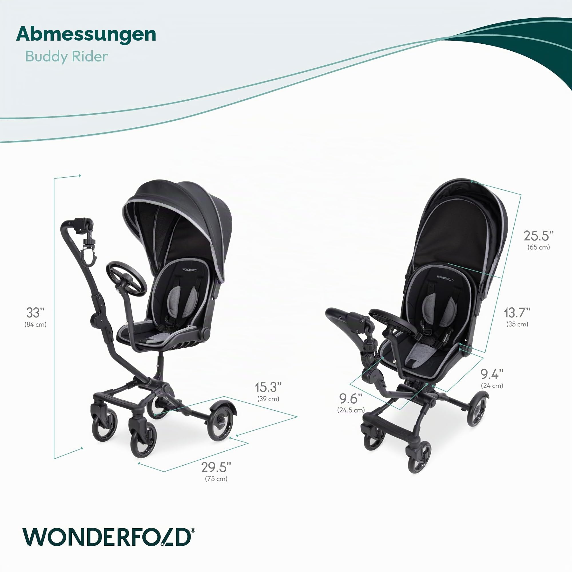 Wonderfold Buddy Rider Kinderwagen, faltbar, leichtes Design, verstellbarer Baldachin, Aufbewahrungskorb, Schwarz, 74,9x38,9x32,5 cm
