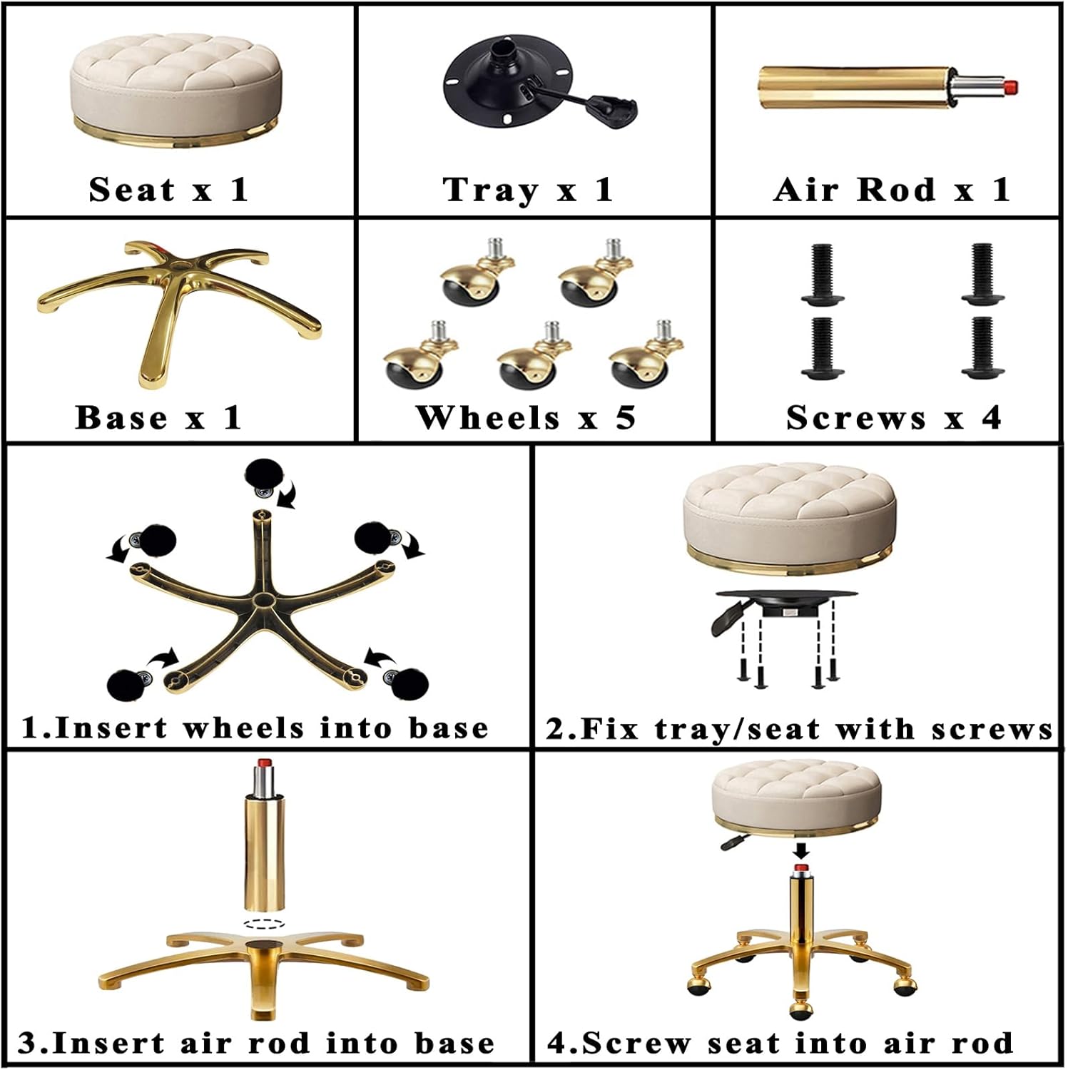 Rolling Stool Gold Vanity Stool with Wheels, Pedicure Massage Roller Stools, PU Leather Round Swivel Salon Spa Chair, Titanium Gold Base, Height Adjustable 43-55 cm (Off White)