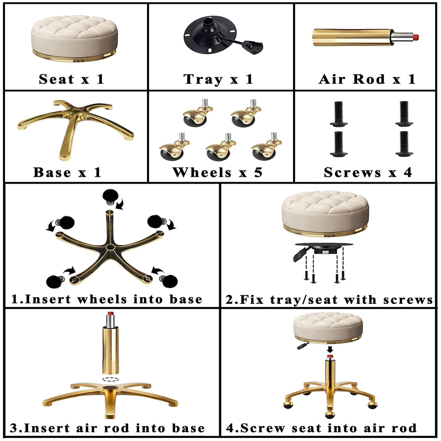 HZLCMPY Rolling Stool Gold Vanity Stool with Wheels, Pedicure Massage Roller Stools, PU Leather Round Swivel Salon Spa Chair, Titanium Gold Base, Height Adjustable 43-55 cm (Off White) HZLCMPY Rolling Stool Gold Vanity Stool with Wheels, Pedicure Massage Roller Stools, PU Leather Round Swivel Salon Spa Chair, Titanium Gold Base, Height Adjustable 43-55 cm (Off White)