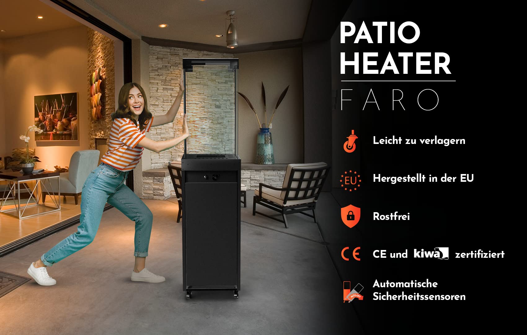 Planika Faro Terrassenheizer Gas schwarzer 8kW tragbarer freistehender Propan Heizpilz 36x36x150 cm