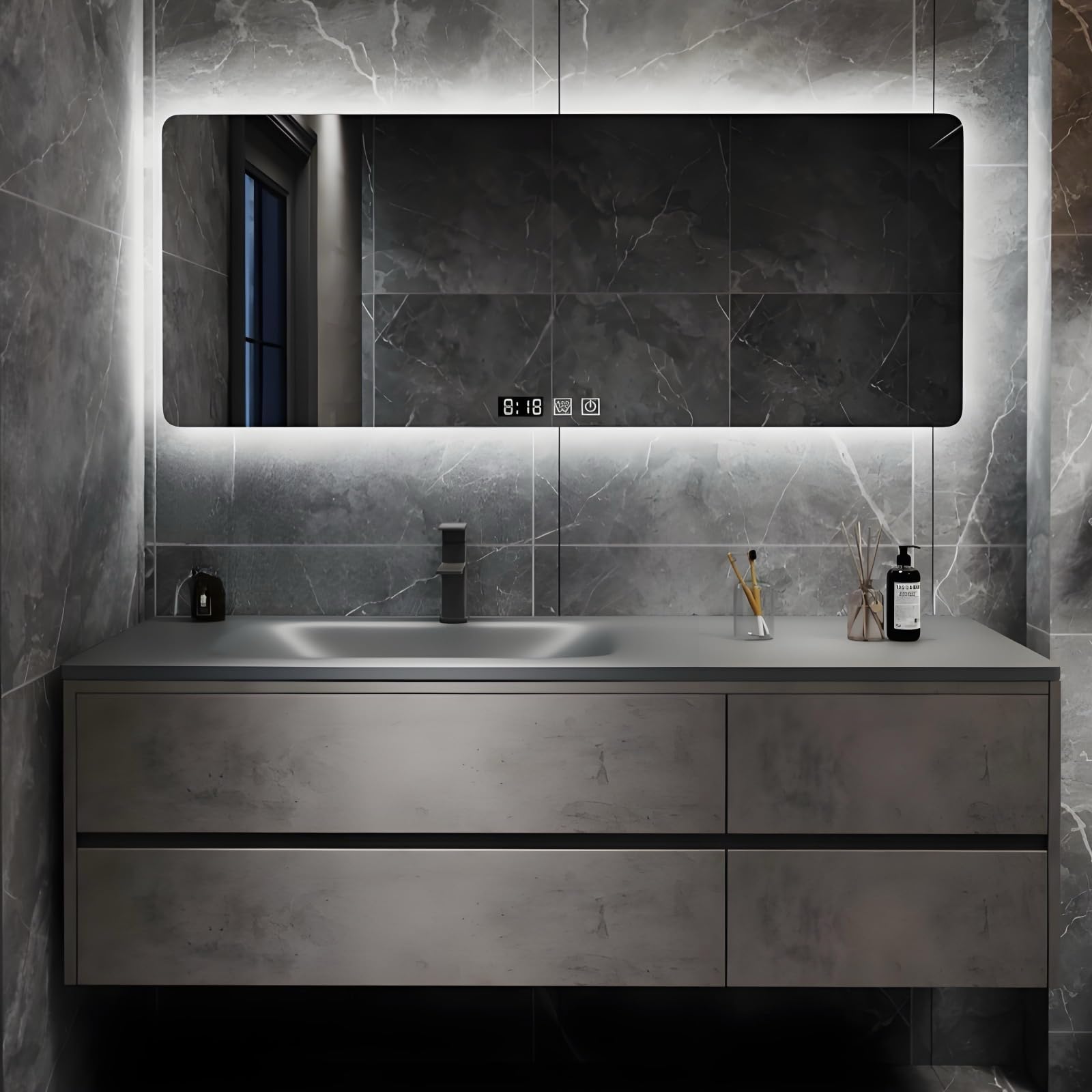 HYNNAR 52‘’ Solid Wood Bathroom Vanity - Smart LED Mirror Cabinet & Defogging Function | Single Sink Bathroom Vanities with 4 Drawers, Easy