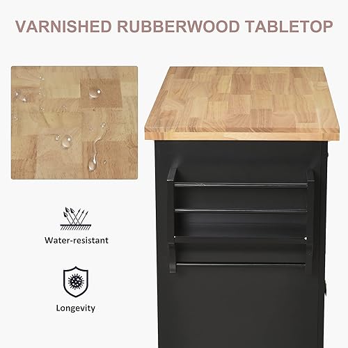 Miniatura 3 de HOMCOM Carrito de isla de cocina con parte superior de madera de goma, mesa de isla de cocina con ruedas con cajones, estantes ajustables, estante