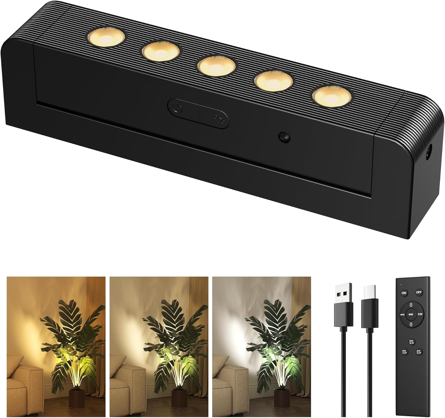 LED Spotlights Indoor, 5500mAh Rechargeable 300 Lumen Spot Lights Indoor, Wireless Uplights with Daily Auto Timer＆Dimmable, Picture Lights for Plants Display Painting Artwork