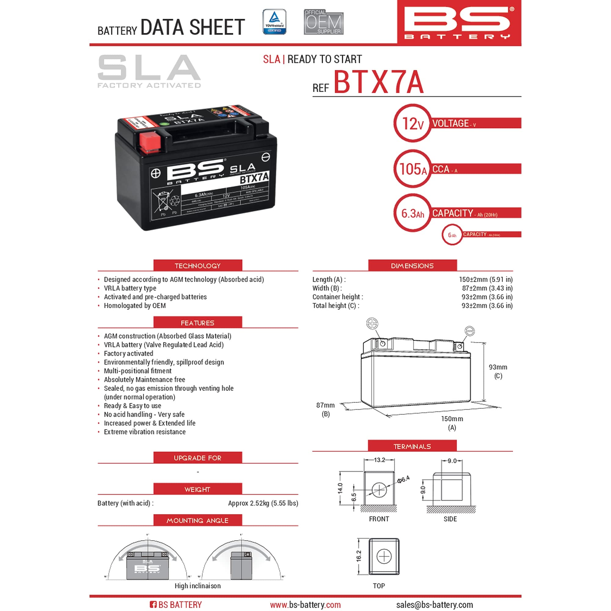 BS Battery 300672 BTX7A AGM SLA Motorrad Batterie, Schwarz