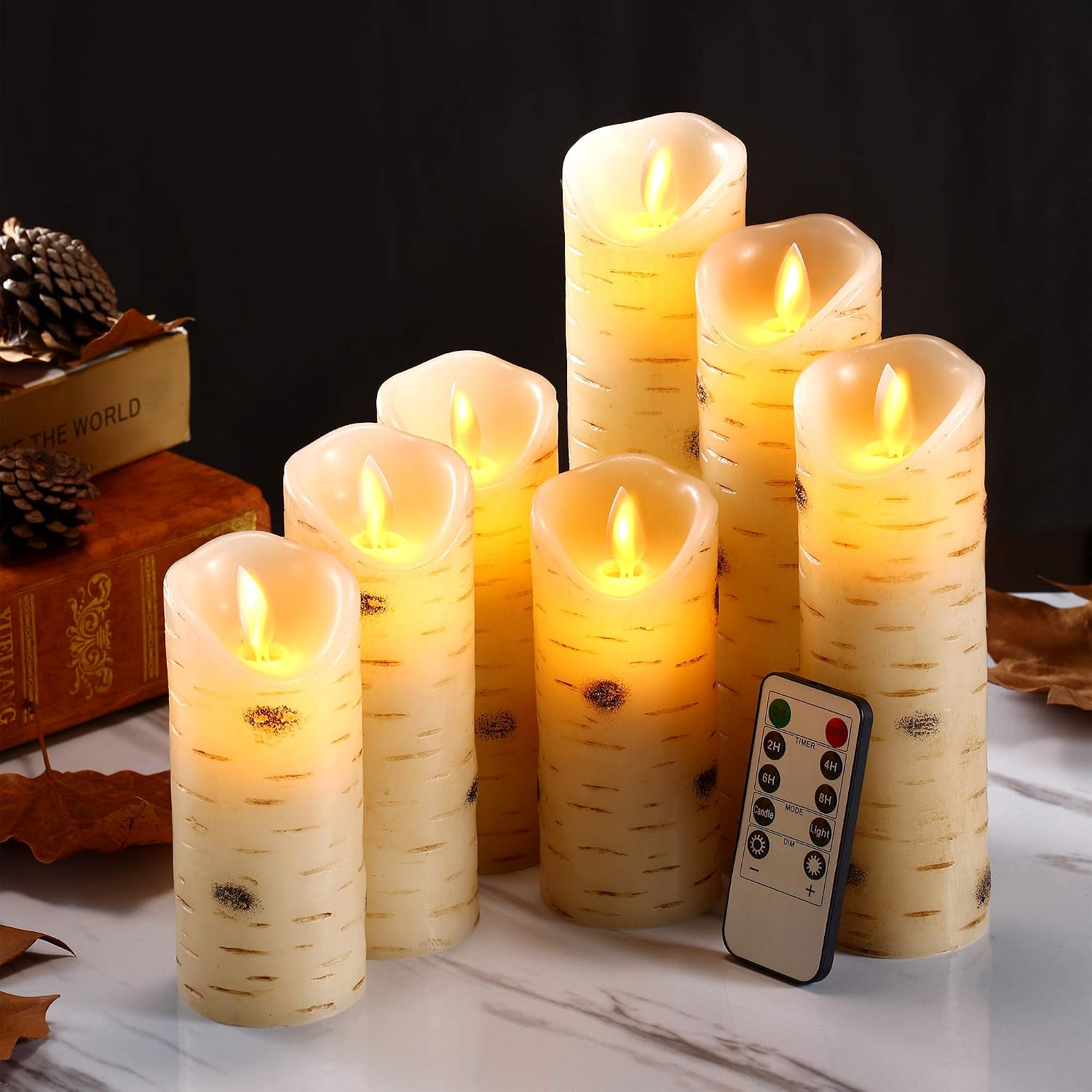 Flameless Candles with Birch Bark Effect Battery Operated Candles 5"5"6"6?7"8"9? Set of 7 Ivory Real Wax Pillar Dancing LED Flames Candles with 10-Key Remote Control and Cycling 24 Hours Timer