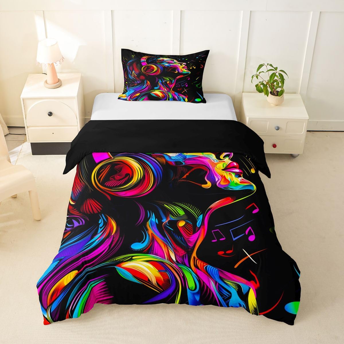 Erosebridal Neon Portrait Duvet Cover Twin Size Music Bedding Set for Kids Boys Girls Graffiti Art Comforter Cover Grunge Style Bedclothes Room Decor