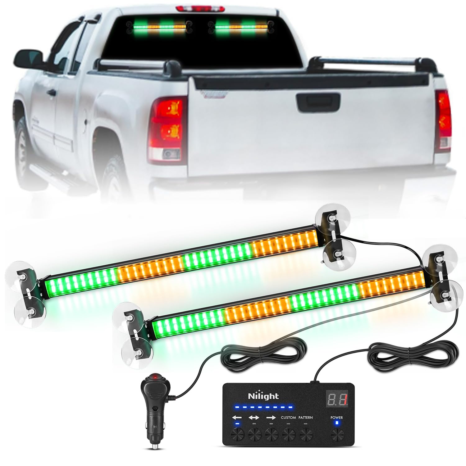 Nilight 144 LED Strobe Traffic Advisor Light Bar Amber Green with Controller 2 in 1 Automotive Emergency Warning Flashing Police Windshield Lights