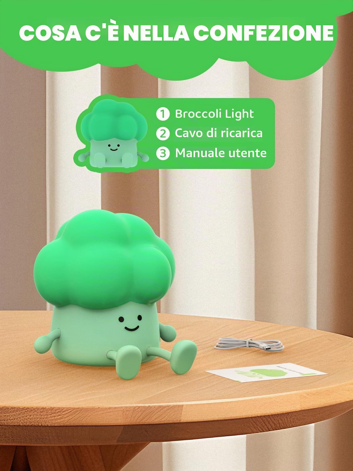 Smiling Shark Carino Lampada Notturne, Broccoli Ricaricabile LED Notturna Silicone Luce 3 Luminosità Sensore Tattile Cute Night Light Luci Notturne per Bambini Decorazione Regali