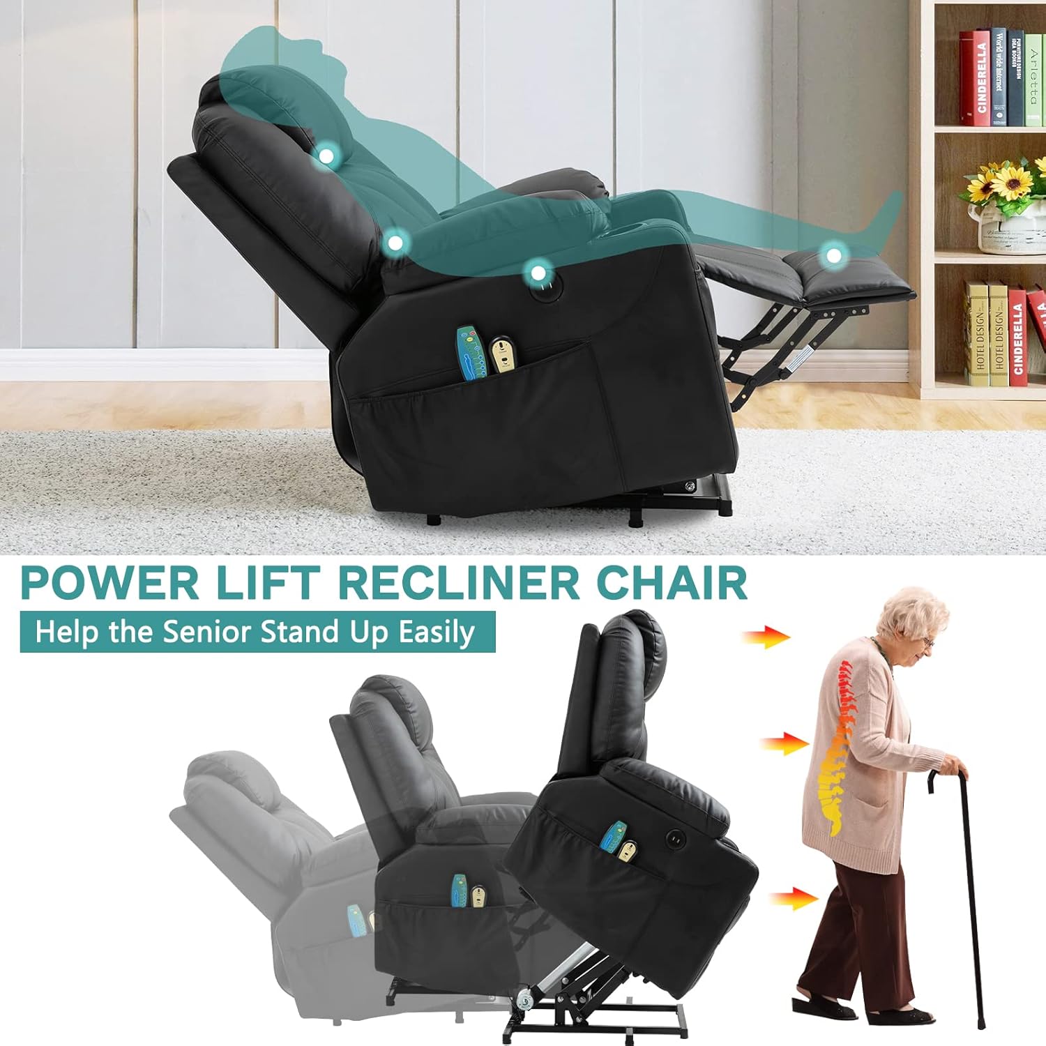 MEETWARM Power Lift Chair Electric Recliner for Elderly Heated Vibration Massage Faux Leather Recliner Chair with 2 Remote Controls, USB Ports, Cup Holders & Side Pockets for Living Room (Black)