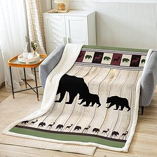 Bear Throw Blanket Black Deer Wild Animal Silhouette Plaid Pattern Fleece Blanket for Kids Teens Adults Wood Stripes Rustic Farmhouse Style Plush Blanket for Couch Office Car Queen