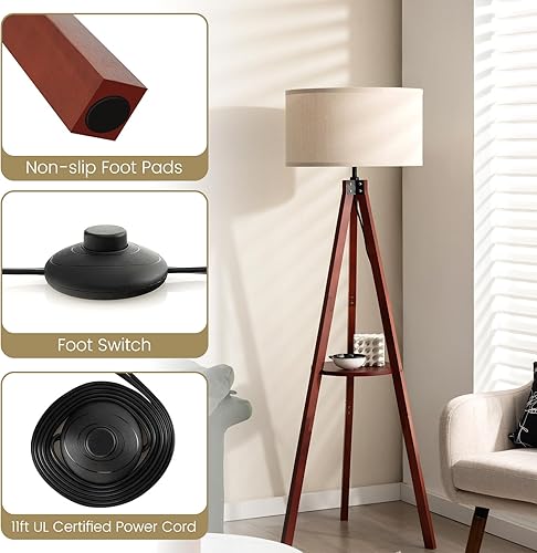 Miniatura 7 de Tangkula Lámpara de madera de mediados de siglo con estantes de almacenamiento, lámpara de pie para sala de estar, oficina, pantalla de lino en base