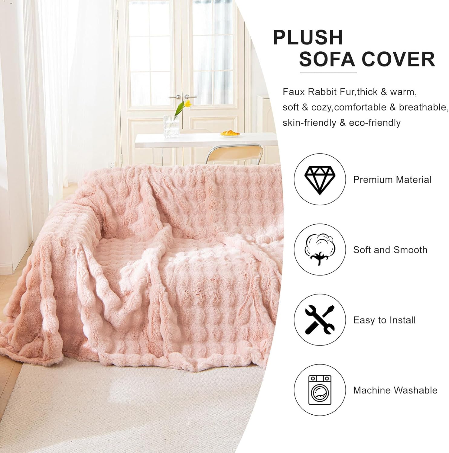 Pink Plush Sofa Cover Washable, Soft Touch Faux Fur Couch Cover for Kids,Girls,Boys, Warm Fluffy Sofa Slipcovers for Living Room,Bedroom, 71x118 Furniture Protector for Pets,Dogs,Cats