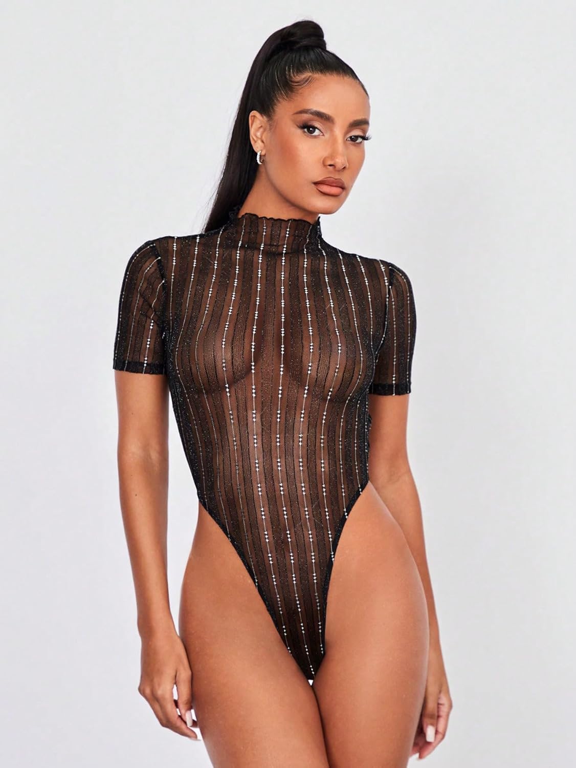 WDIRARA Women's Striped Mesh High Cut Stand Collar Short Sleeve Sexy One Piece Bodysuit - Image 4