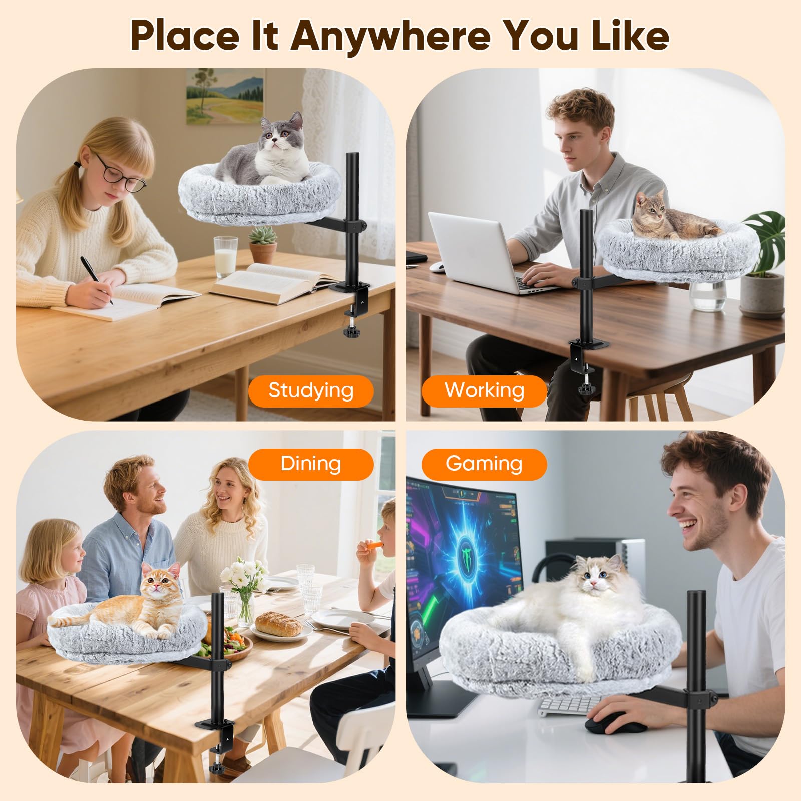 Lit bureau pour chat, Hamac chat pivotant à 360° et réglable en hauteur