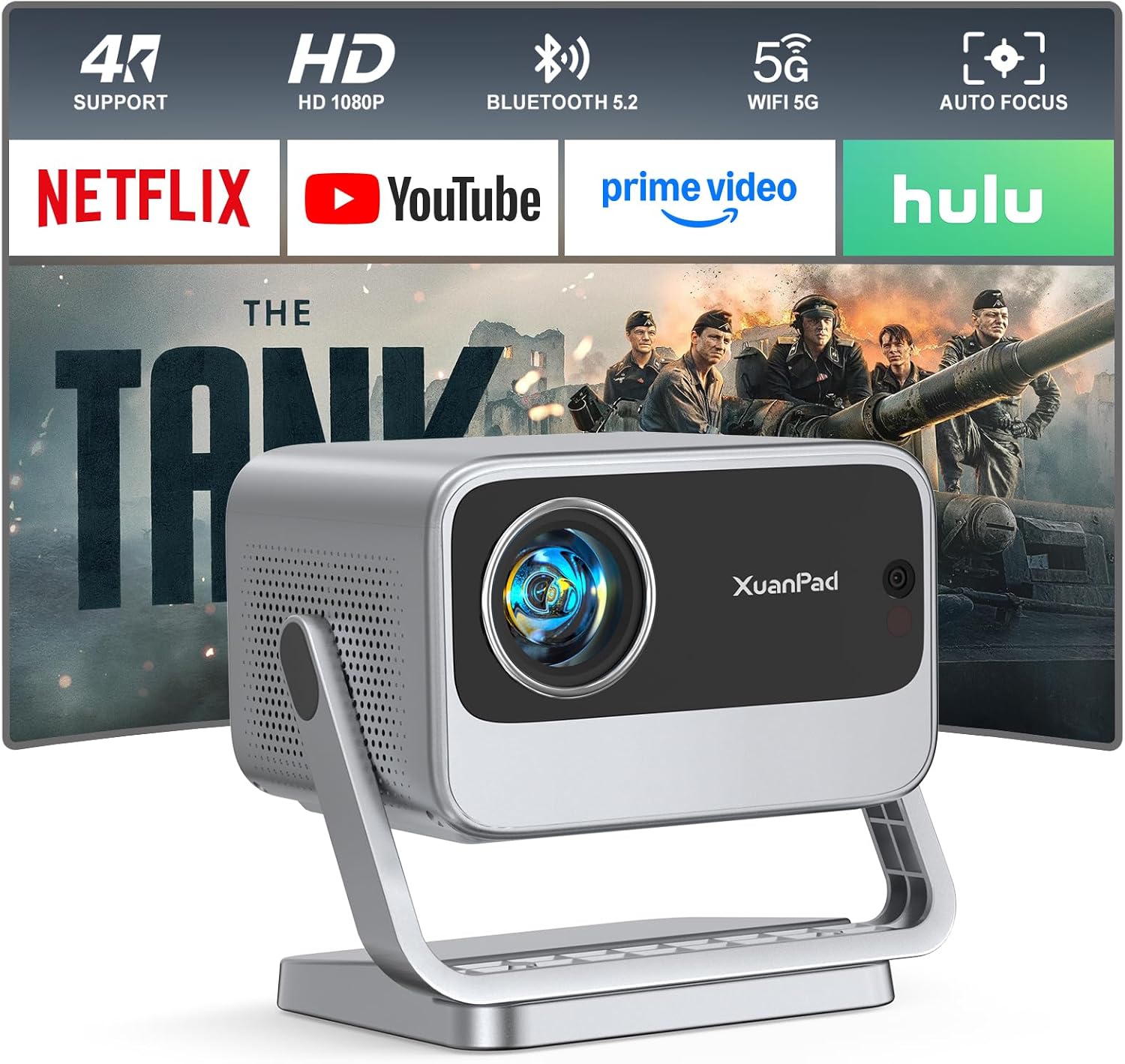 [Officially-Licensed App & Auto Focus]Li Black Smart Mini Projector with WiFi and Bluetooth, XuanPad 4K Support Movie Projector, Portable Native 1080P Outdoor Projector with 360° Stand