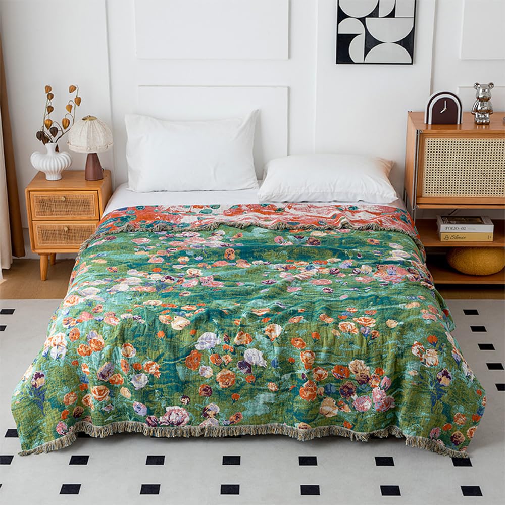 Narzuta w stylu boho, w 100% z bawełny, dwustronna, muślinowa, z frędzlami, dekoracyjna, miękka, na łóżko podwójne, 1-2,2-3-osobowa, B, 20" x 200"