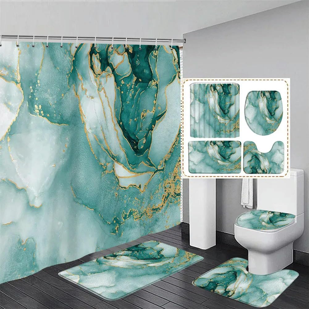 ZGDPBYF Set di 4 tende da doccia con motivo floreale sfumato e foglia, antiscivolo, copriwater e tappetino da bagno
