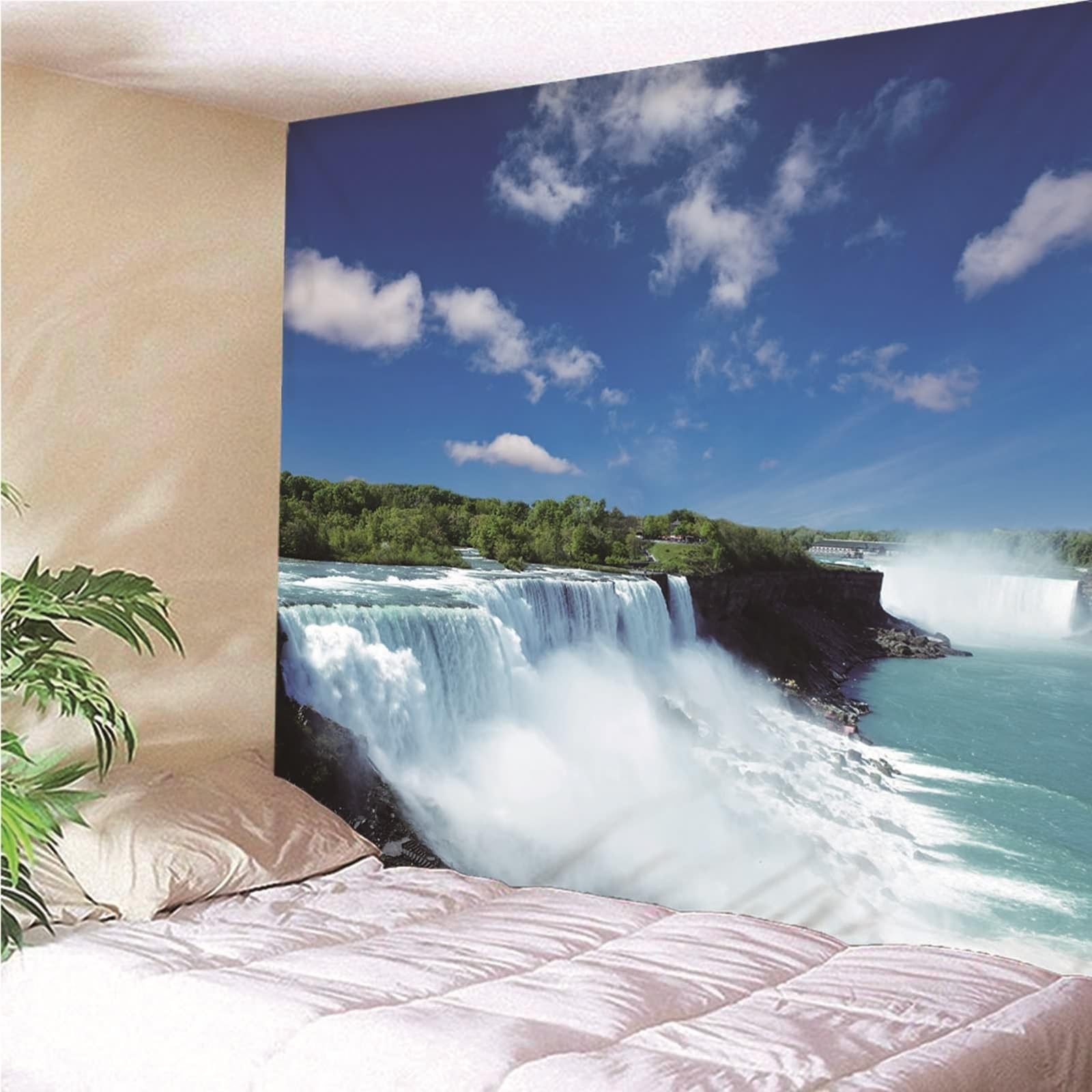 Skcess Wandteppich Wasserfall, Nature Tapestry Blau Toller Wasserfall Polyester Wandteppich 200X200CM