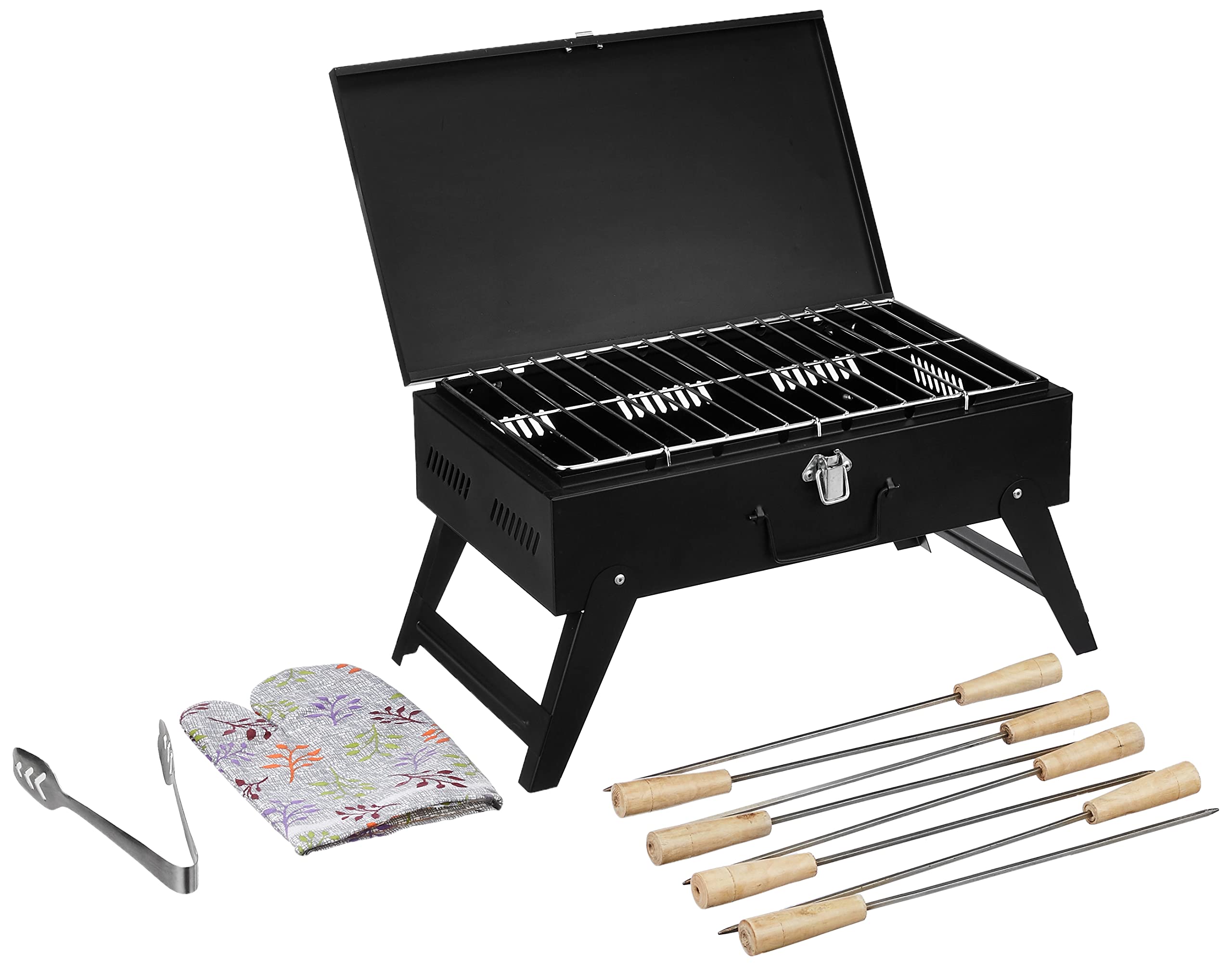 Amazon Brand - Solimo Briefcase Style Foldable Charcoal Barbeque Grill with 8 Skewers (Black) |Free Standing