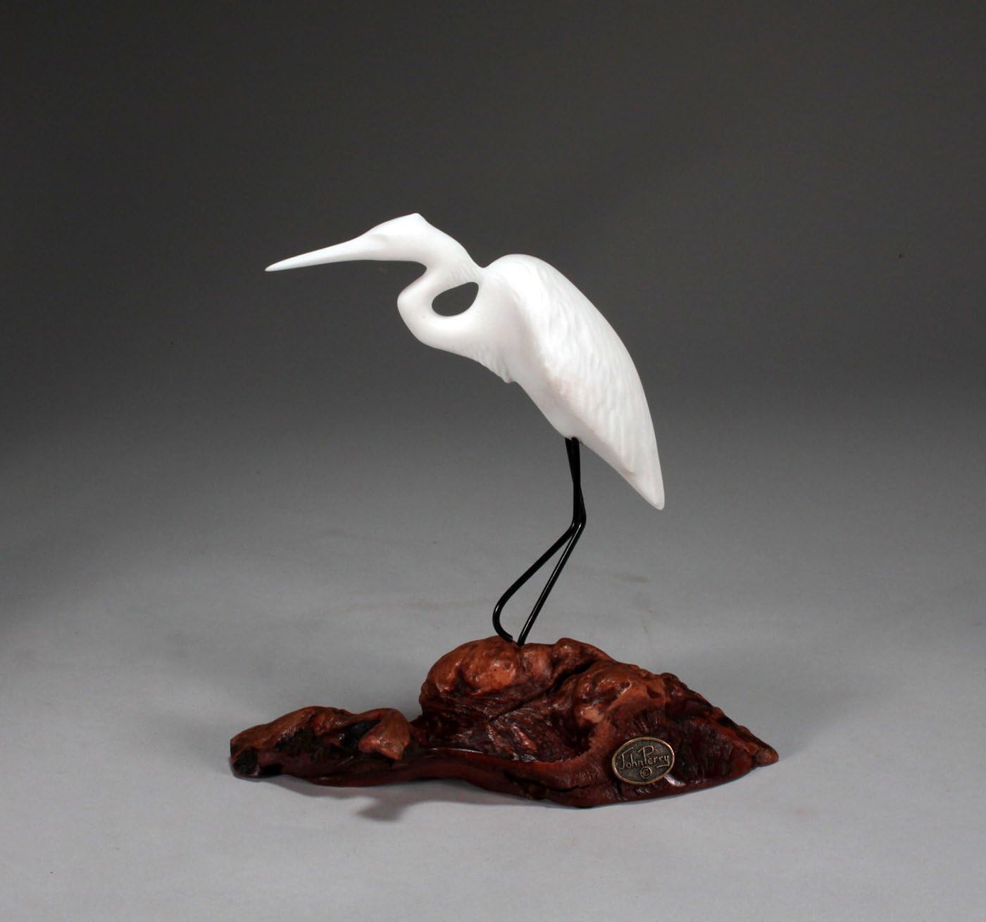 Egret Sculpture from John Perry on Burl Wood Pellucida 9in Tall Statue Figurine