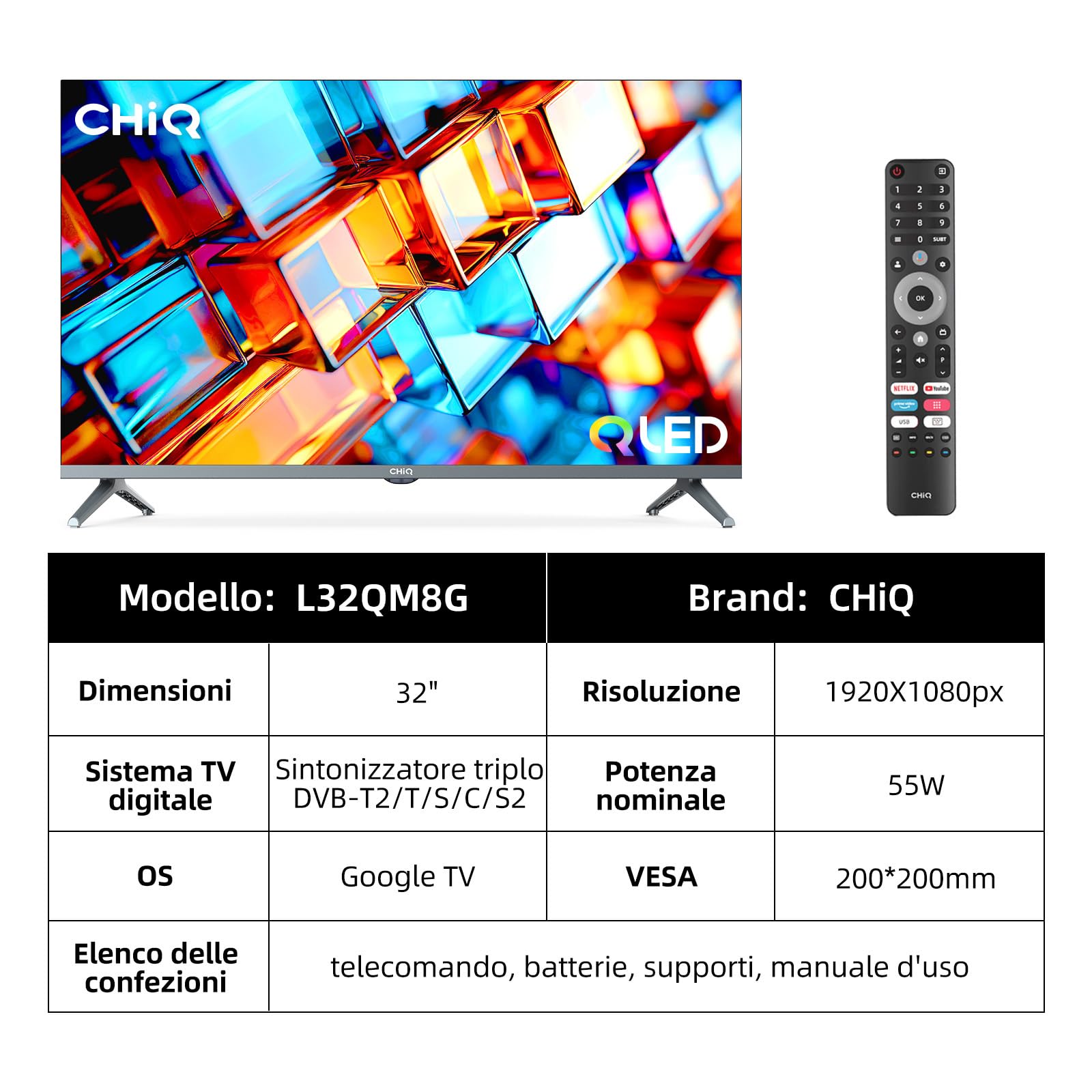 CHiQ L32QM8G TV QLED da 32 pollici, FHD, HDR10, design con cornice ultrasottile in metallo, Google TV, Chromecast integrato, Assistente di Google, CPU quad-core, Wi-Fi a doppia banda da 2,4/5 Ghz.