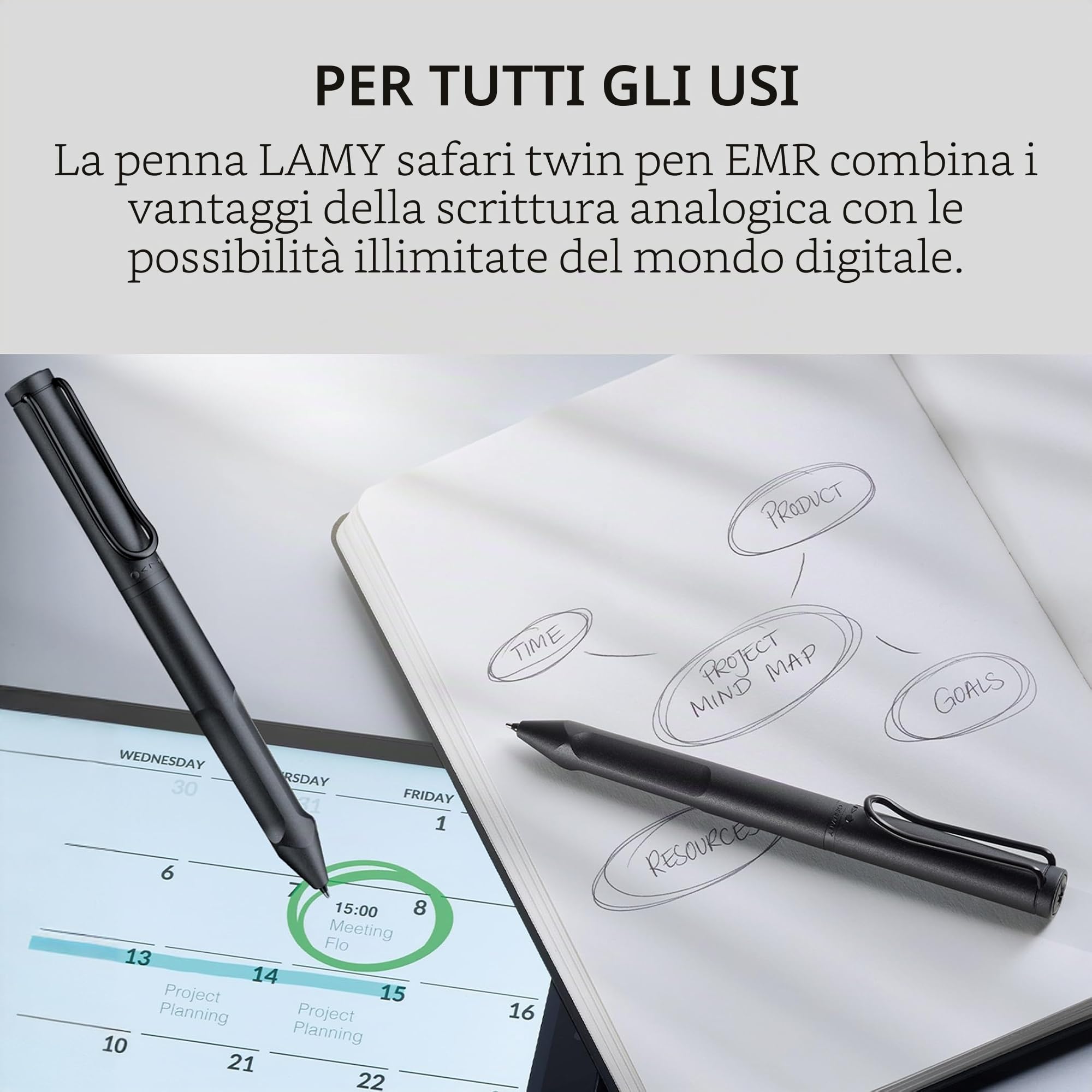 Lamy safari twin pen EMR all black (punta POM) - penna stilo 2 in 1 per molti dispositivi Android e biro in uno - con impugnatura ergonomica - per scrivere e disegnare su supporti digitali e carta