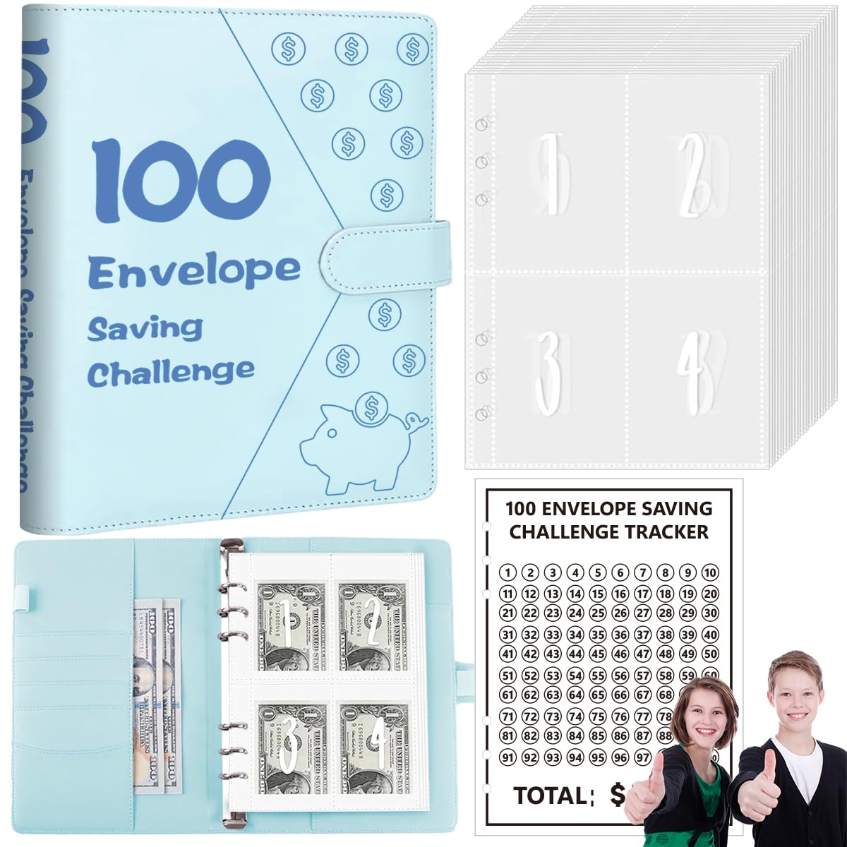100 Envelopes Money Saving Challenge Binder, A5 Budget Binder with Cash Envelopes, Savings Challenges Book to Save $5,050, 10,000, 500, Budget Planner