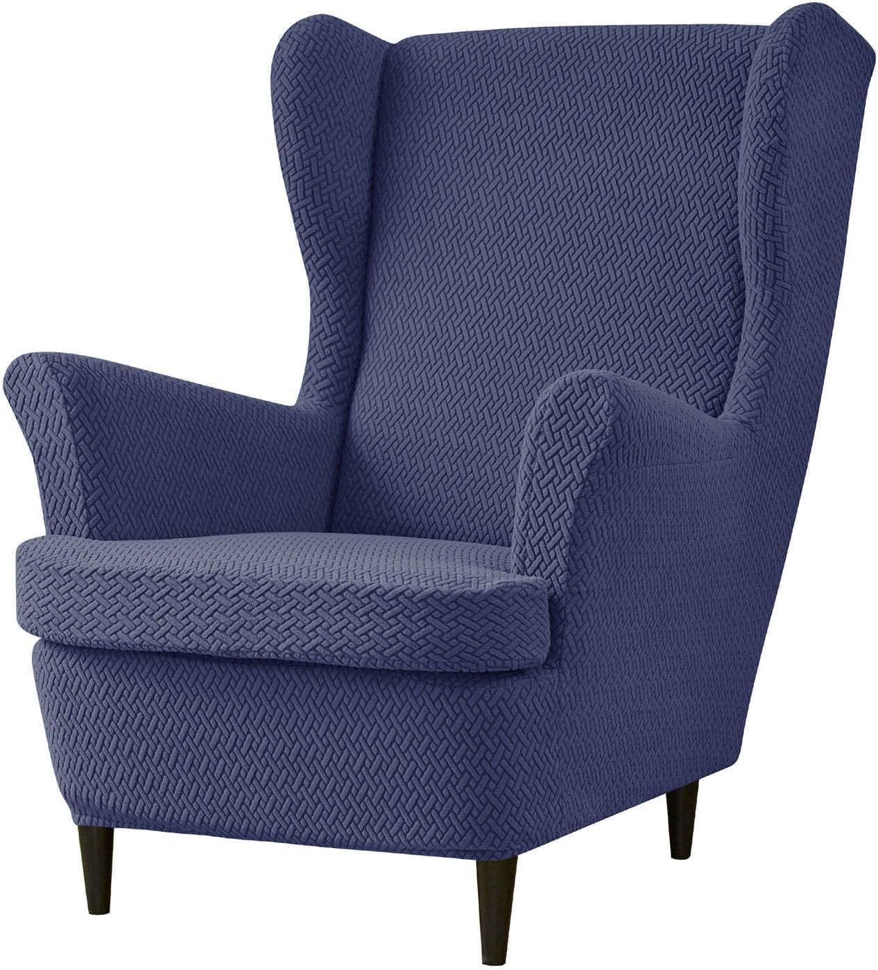 Haclen Navy Stretch Wingback Chair Cover With Cushion Cover, Wing Chair Slipcover Removable Wingback Armchair Slipcover Living Room (,One Size)