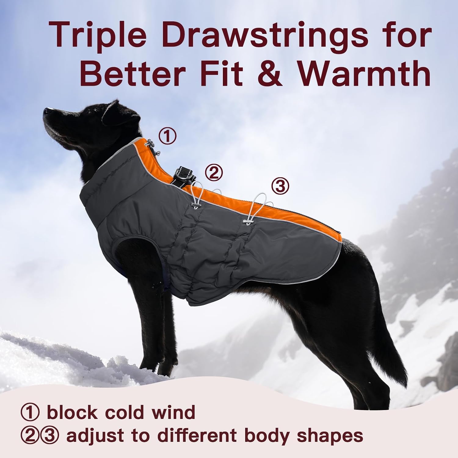 Condition photo showing New/Like New for medium dog winter jacket, warm zip up snowsuit dog harness vest, reflective water-resistant coat for snow, orange-gray orange-gray medium (chest: 20.9")
