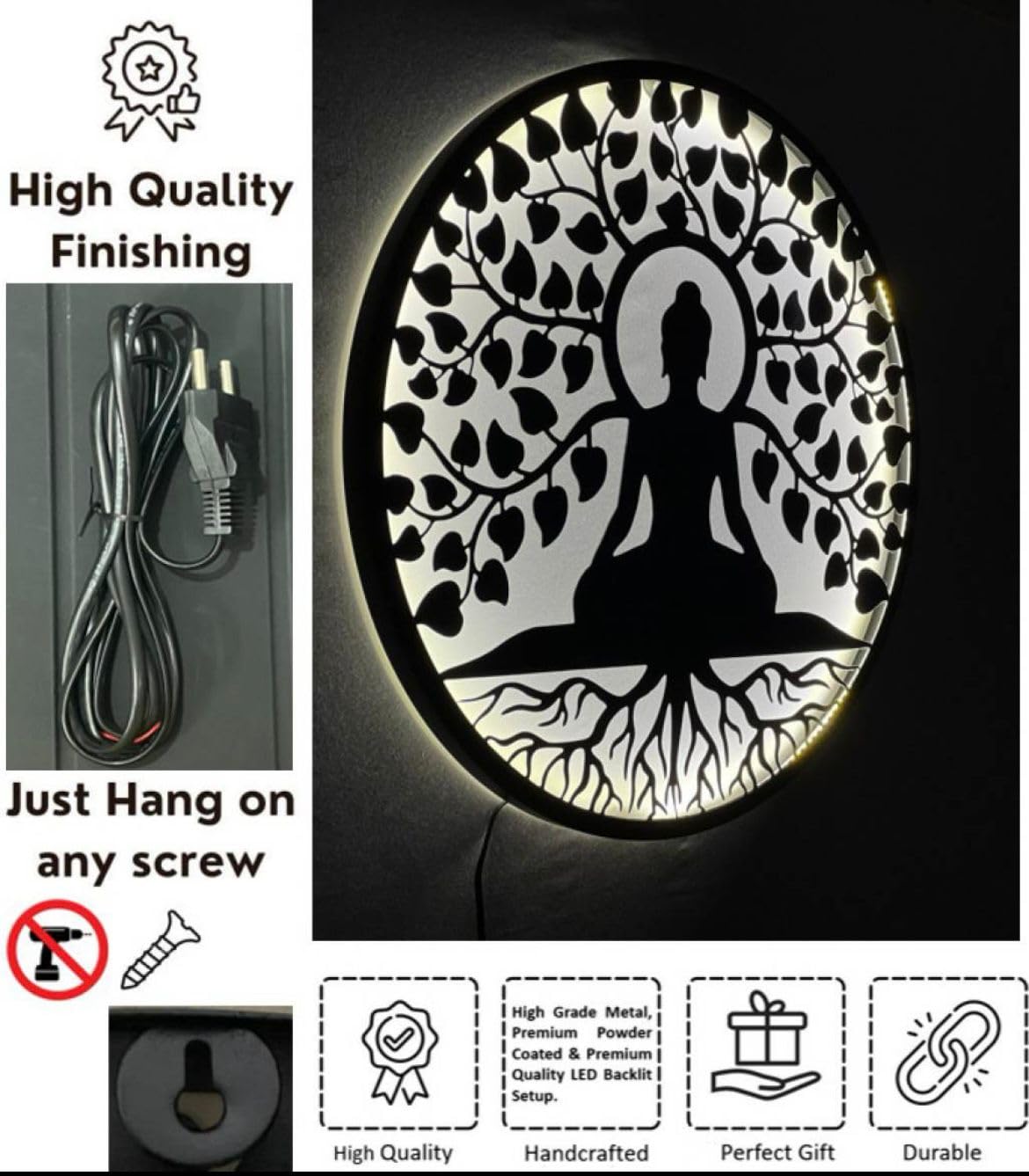 M.K HANDICRAFT Buddha Metal Wall Art Backlit Buddha Metal 3D Wall Art 24 IN Wall Hanging with Led Backlight Decorative Showpiece - 60 cm (Black) 3