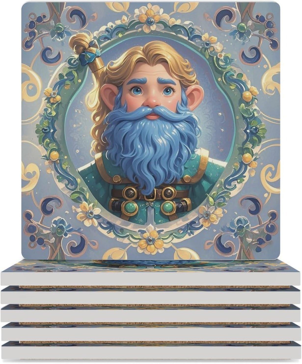 Dwarf with Blue Beard Coasters Absorbent Ceramic Coasters for Drinks Coaster with Cork Backing for Table Protection Square Drink Cup Mat Modern Style Coaster for Coffee Table