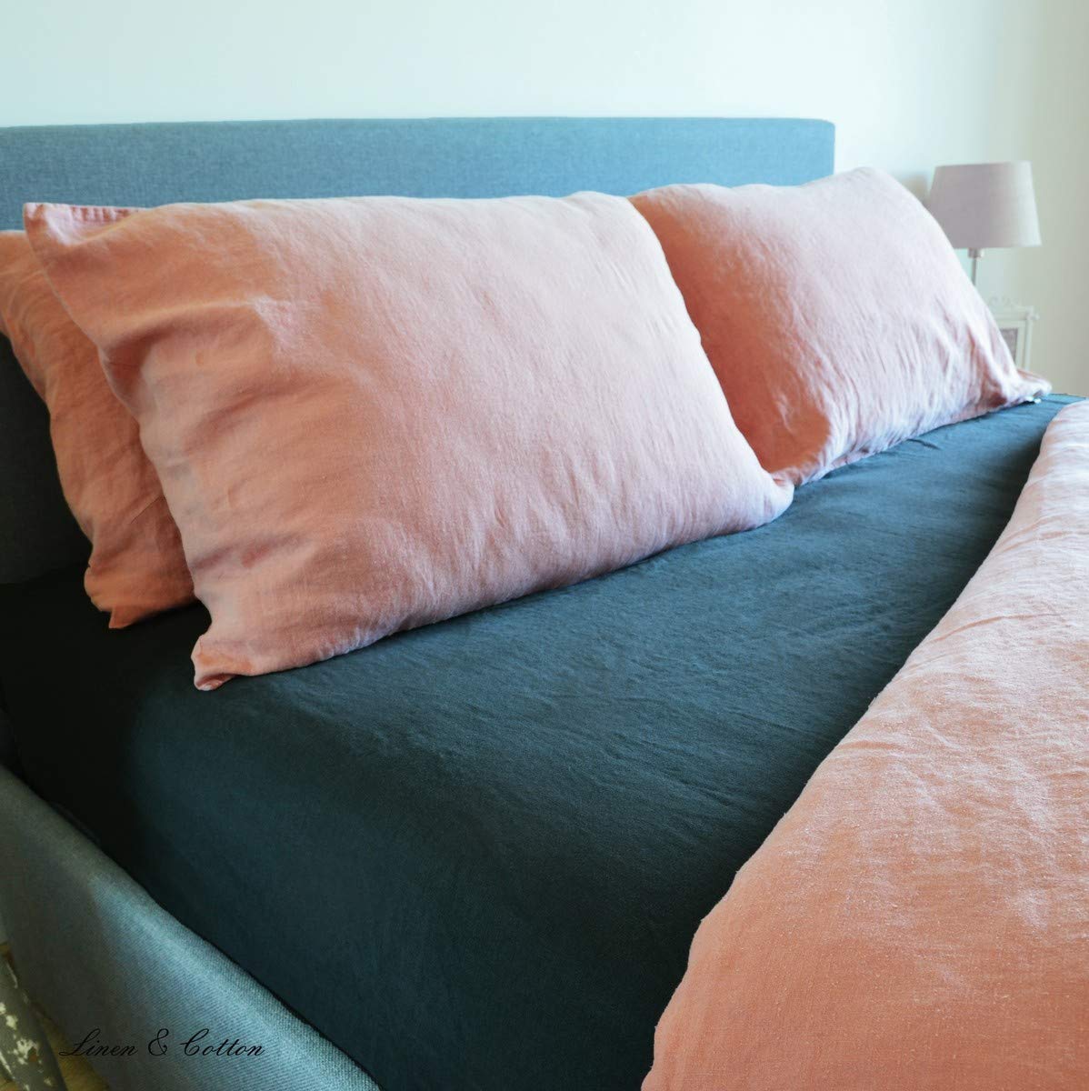 Linen & Cotton Alicia miękkie w dotyku prześcieradło z gumką – 100% len, sprane, węgiel drzewny, szare (150 x 200 cm) prześcieradło lniane, na łóżko, podwójne łóżko
