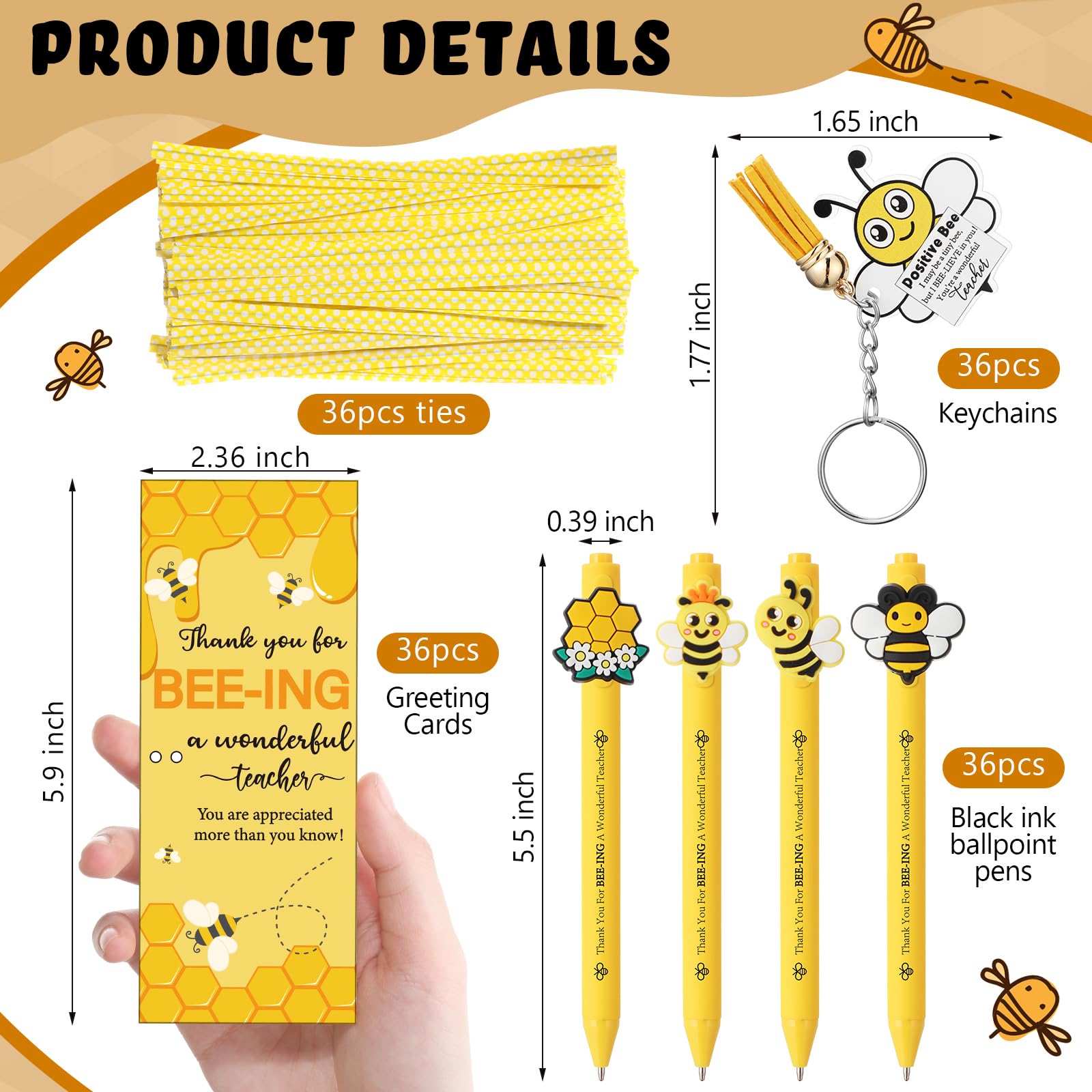 Sayglossy 36 Sets Lehrer-Wertschätzungsgeschenke, positive Bienentiere, Schulgeschenke, Großpackung, Dankeschön, Geschenk, Kugelschreiber, Schlüsselanhänger, inspirierende Grußkarte mit Bindebändern