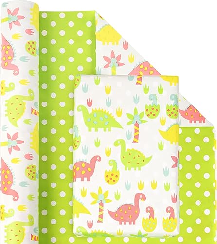 Miniatura 3 de WRAPAHOLIC Papel de regalo reversible, mini rollo, 17 pulgadas x 33 pies, diseño de dinosaurio y lunares para cumpleaños de niños, fiestas, baby