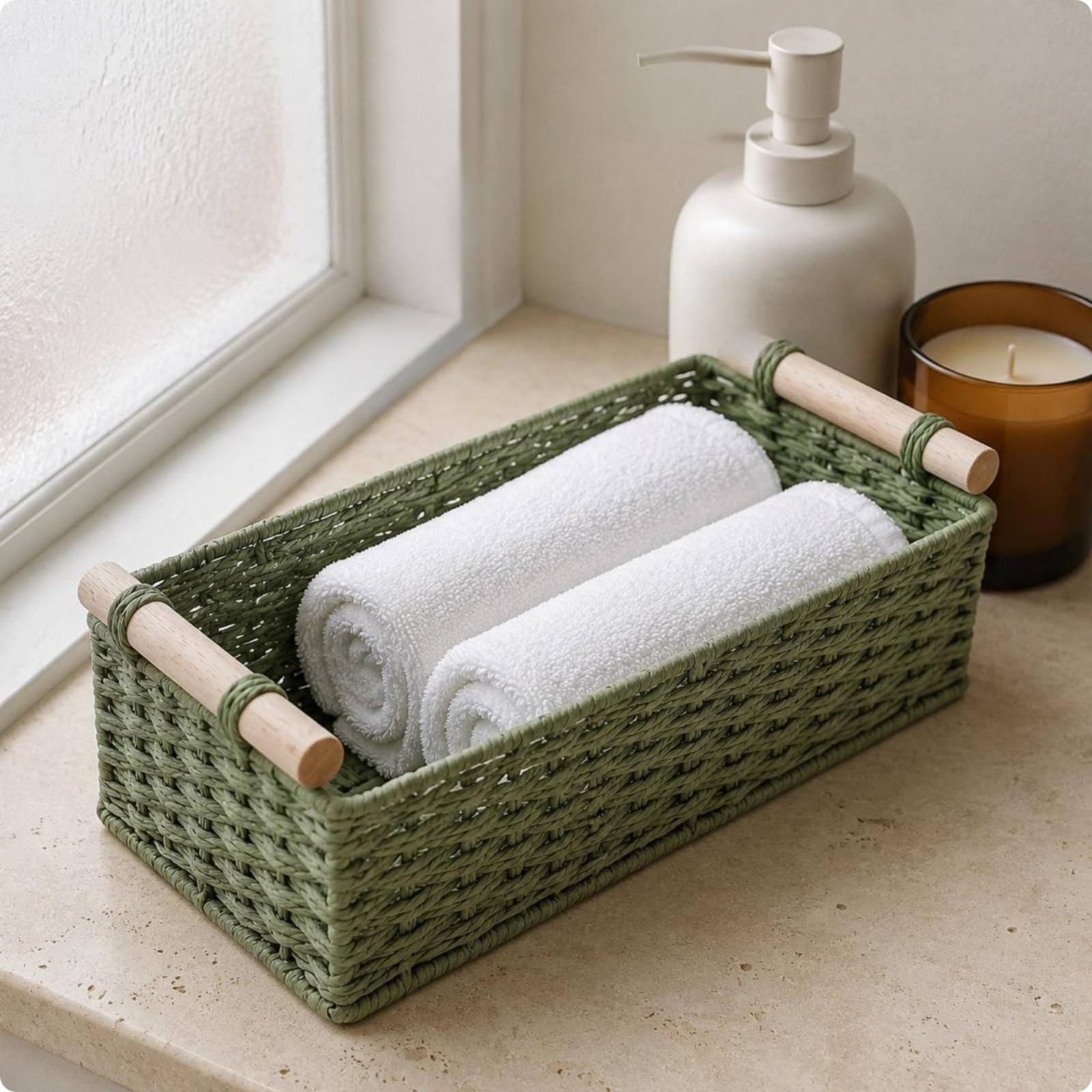 F Fityle Cesta de Almacenamiento de Cuerda de Papel Cesta Caja Organizador Rectangular con Asas de Madera y Toque Rústico Armazón de Alambre para Mayor, Verde