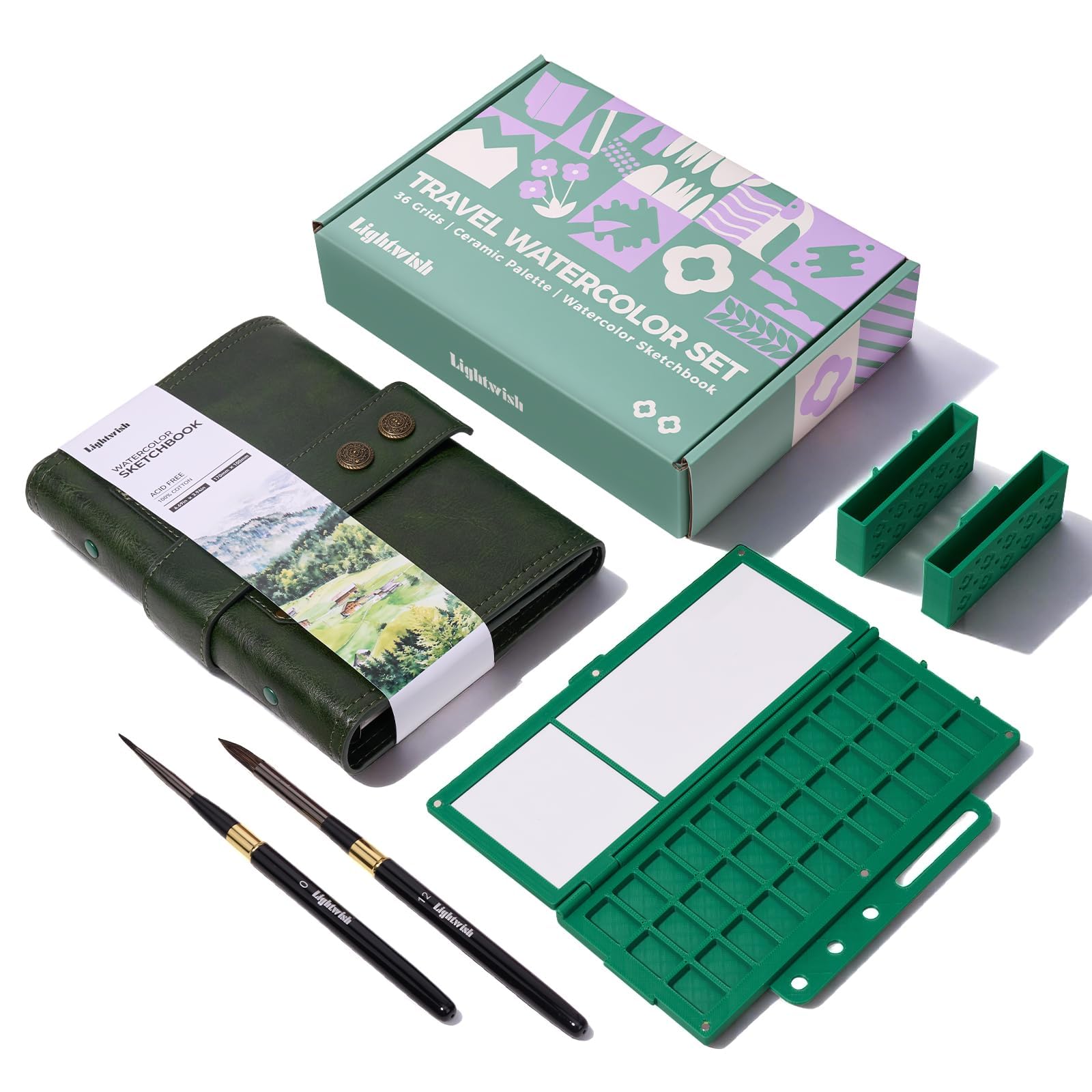 LIGHTWISH Carnet de croquis aquarelle – Classeur à anneaux 17 × 10 cm avec 20 feuilles 100 % coton (pressé à froid), palette en céramique 36 cavités et 2 pinceaux à eau – Pour peinture extérieure et