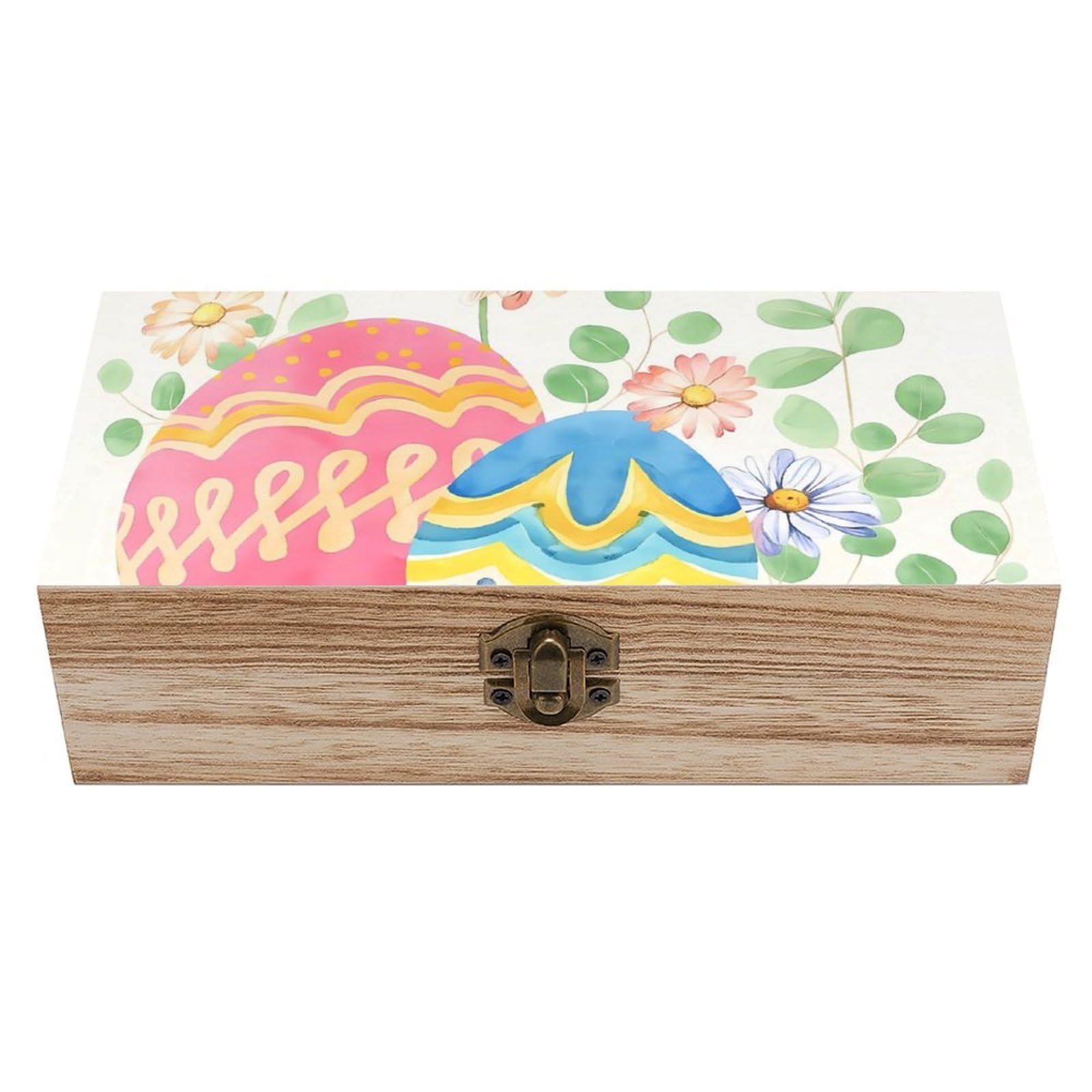HLBSDM Easter Colorful Eggs & Flowers Retro Wooden Storage Box Jewelry Art Gift Boxs Decorative Keepsake Boxes