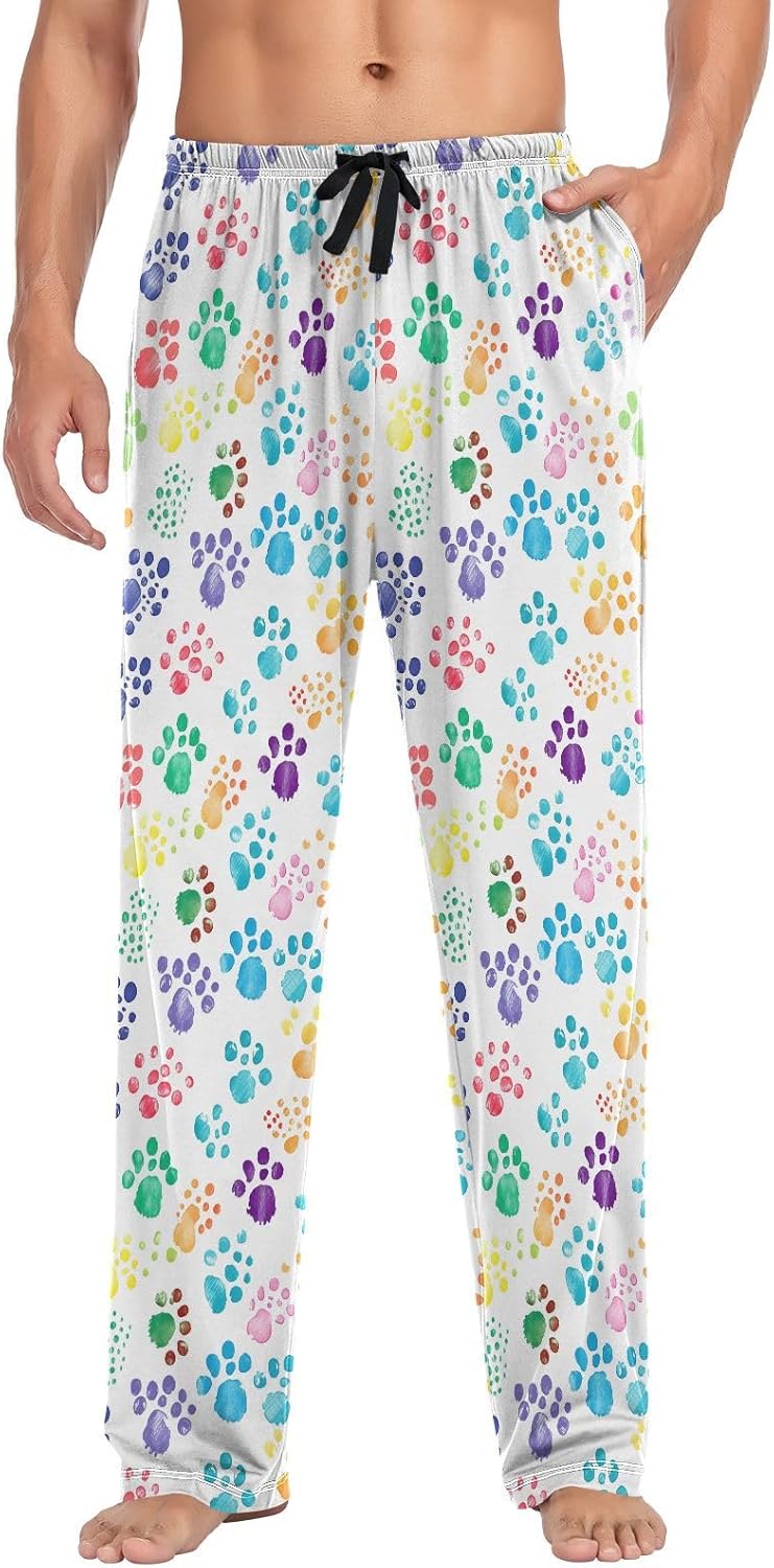 ALAZA Rainbow Dog Paw Prints Doodle Men's Sleepwear Mens Pajama Pants Bottoms with Pockets, S
