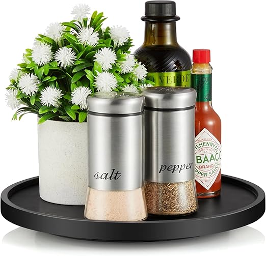 9" Lazy Susan Organizer Turntable for Cabinet - Bivvclaz Wooden Lazy Susan for Cabinet Table Pantry Countertop Cupboard or Bathroom Organization - Farmhouse Decorative Tray for Kitchen Decor, Black