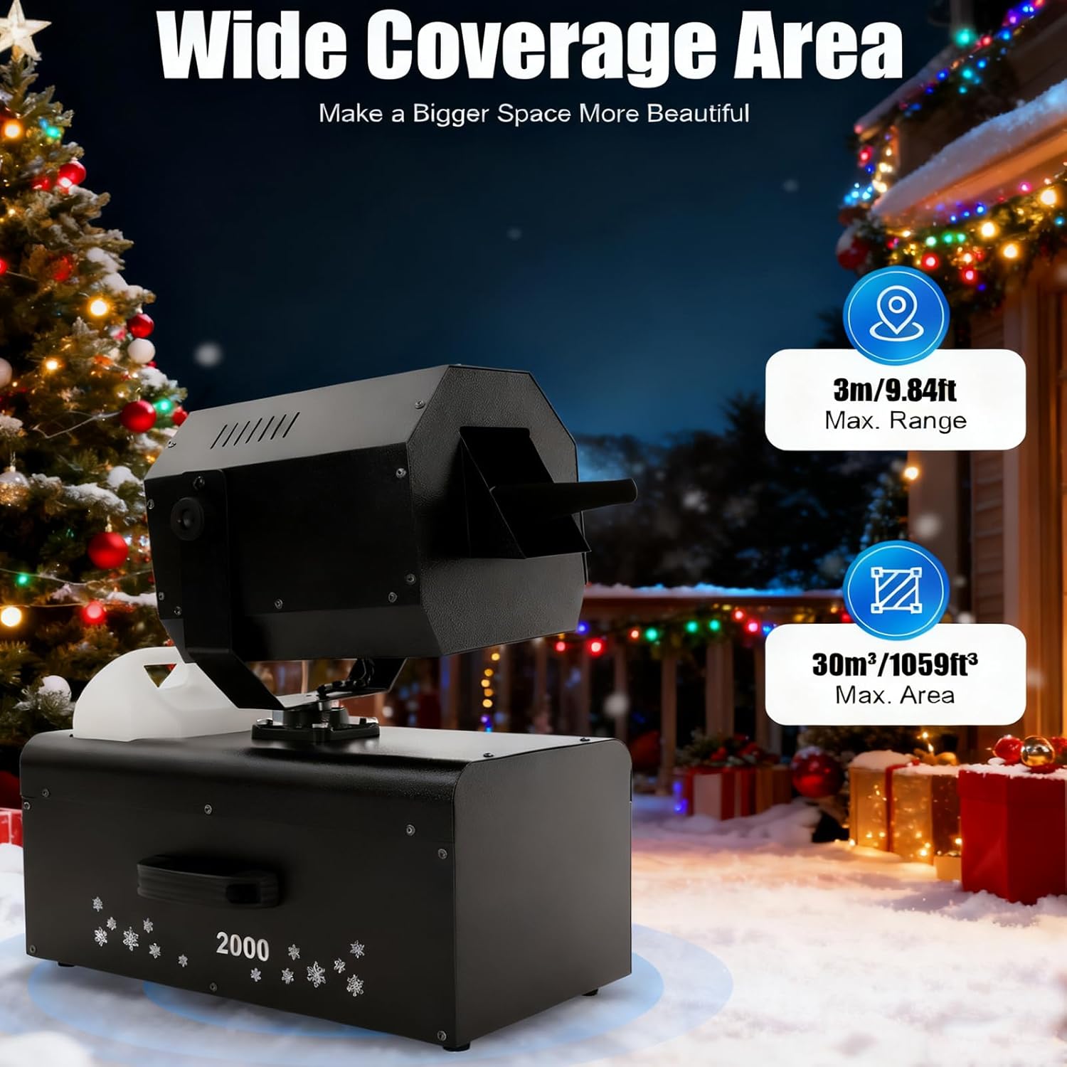 2000W Snow Machine, 1059ft³ 110V Coverage Snow Maker Machine, 90° Rotation Angle High Output Special Effects Machines w/Remote Control, Snowflake Making Liquid Bottle for Christmas