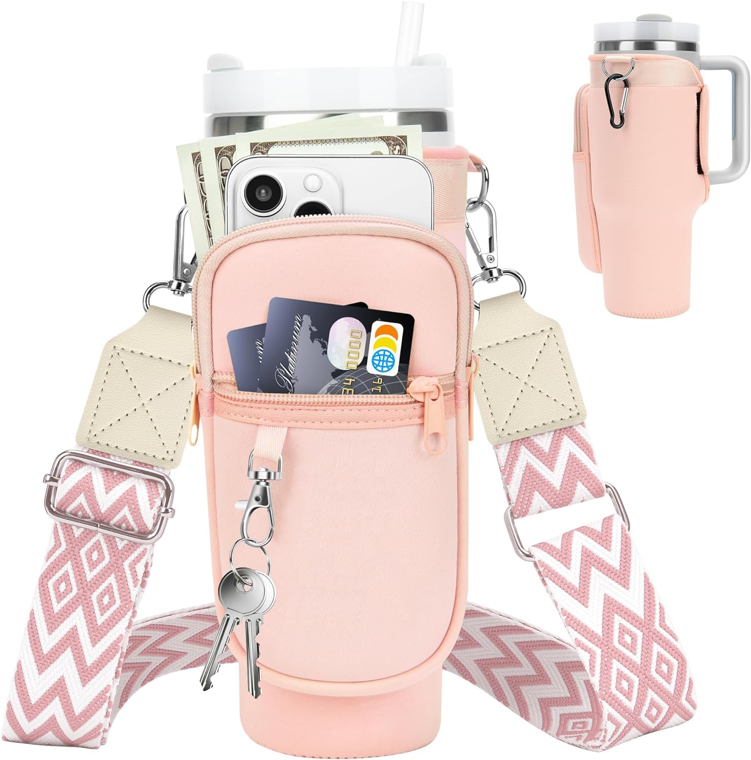 LOKASS for Stanley Cup Accessories 40 oz Water Bottle Carrier Bag with Phone Pocket for Stanley Tumbler Holder with Strap