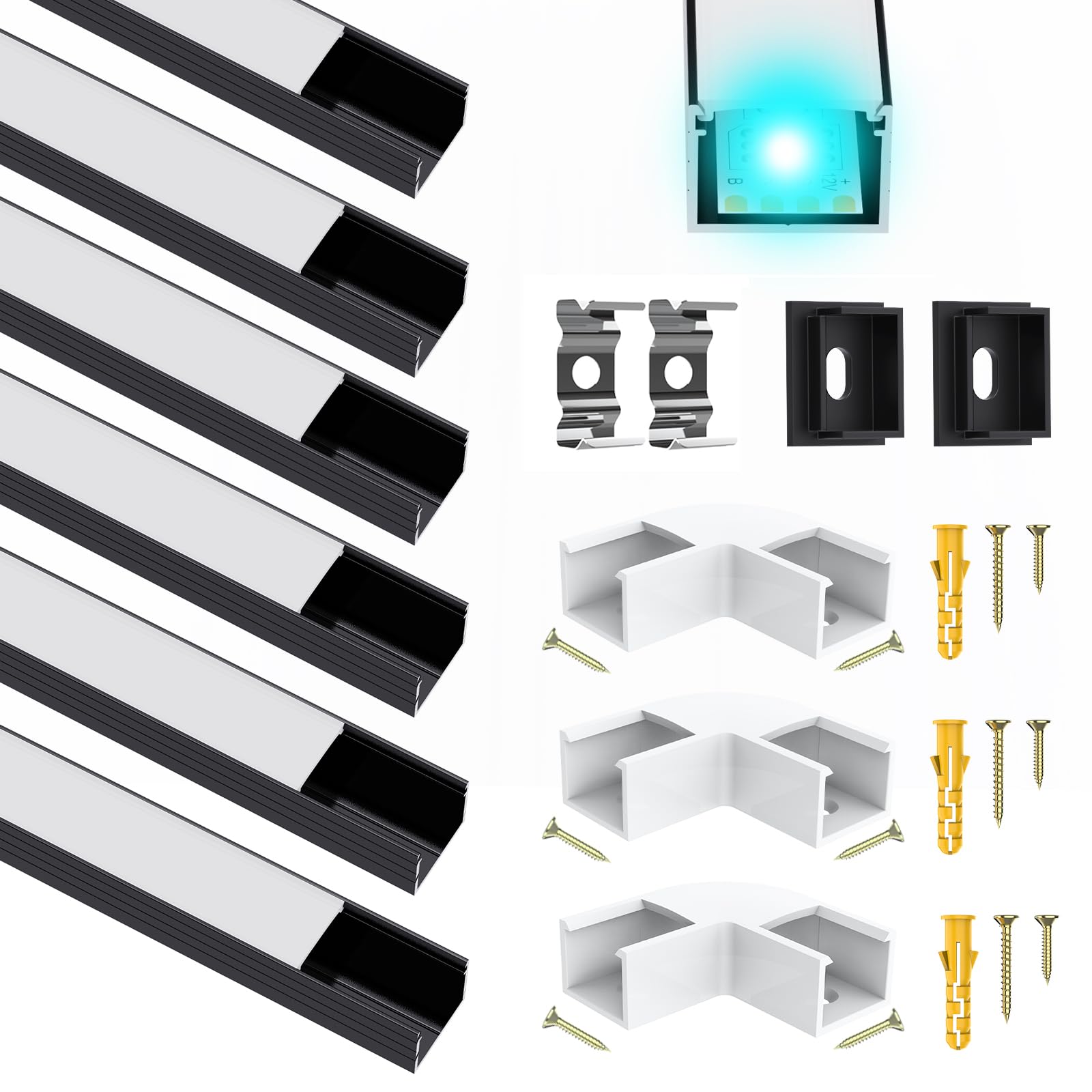 Chesbung Chesbung Black Aluminium LED Profile for LED Strips up to 16 mm, U-Shaped, LED Diffuser with Milky White Cover, Suitable for Philips Hue LED Strips/Strip/LED Strip Plus